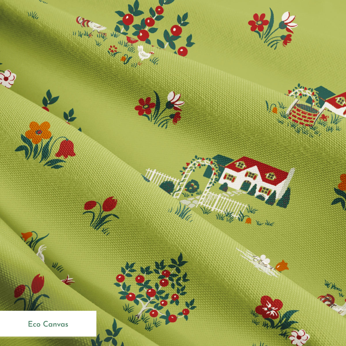 Scenic cottage garden design with vintage houses, flowers, and animals on olive green springs ecocanvas texture