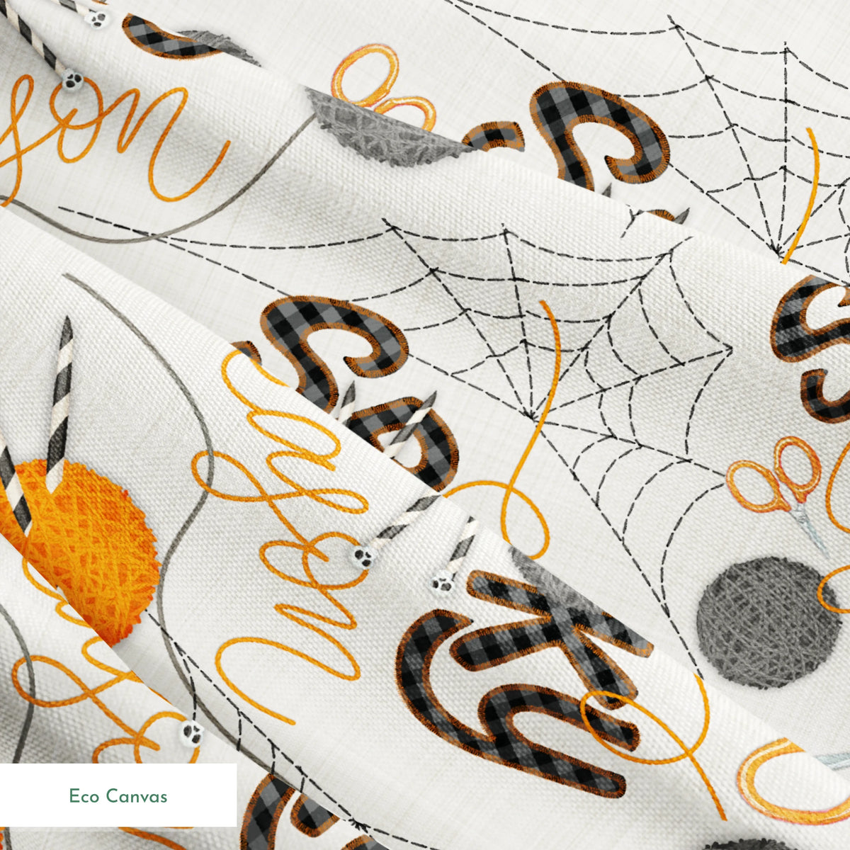 Halloween design by Nicole Tamarin featuring orange and gray yarn balls, scissors, spiderwebs, and “Spooky Season” lettering on a cream background. springs ecocanvas texture
