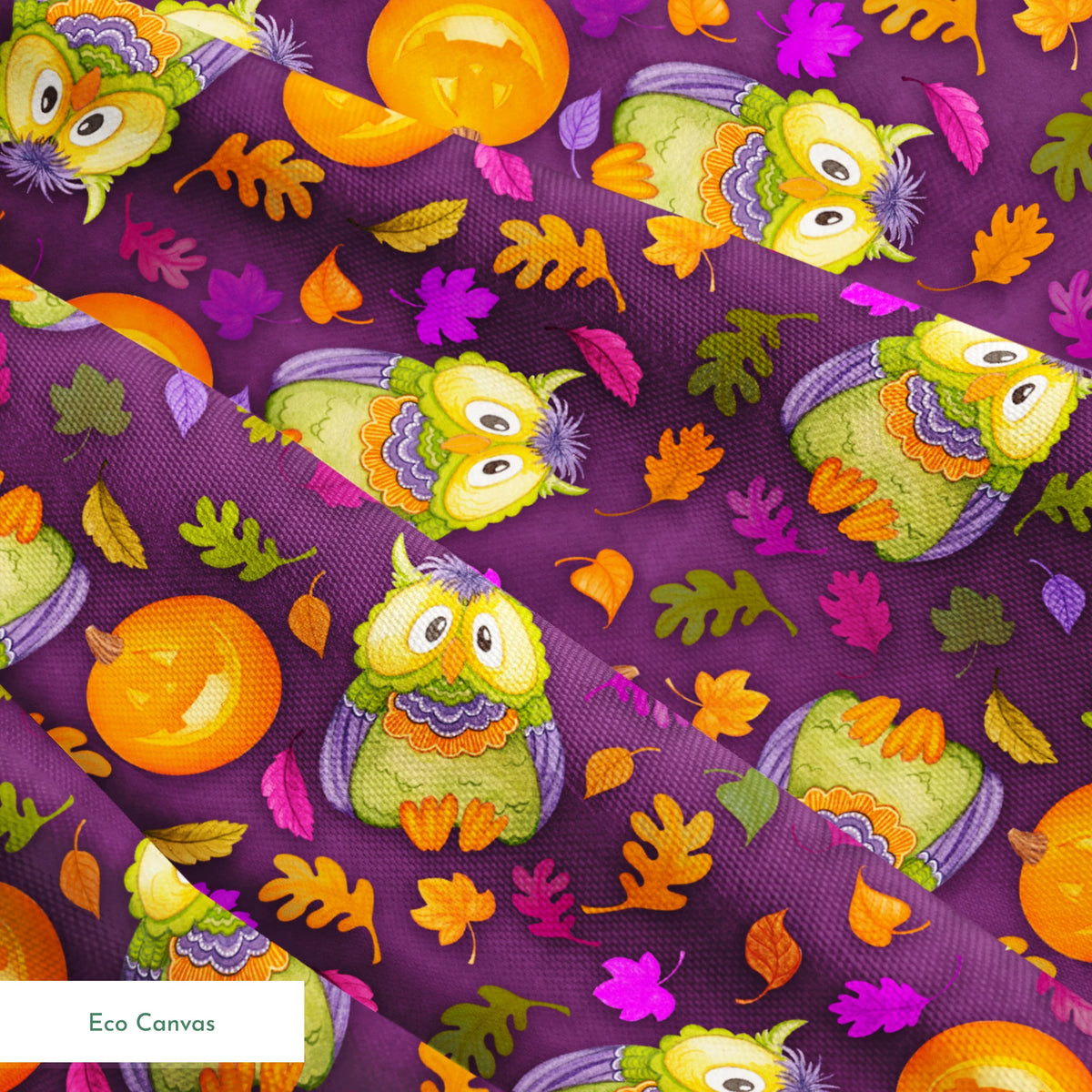 Halloween fabric by Nicole Tamarin featuring cartoon owls in costume, jack-o’-lanterns, and colorful fall leaves on a purple background. springs ecocanvas texture
