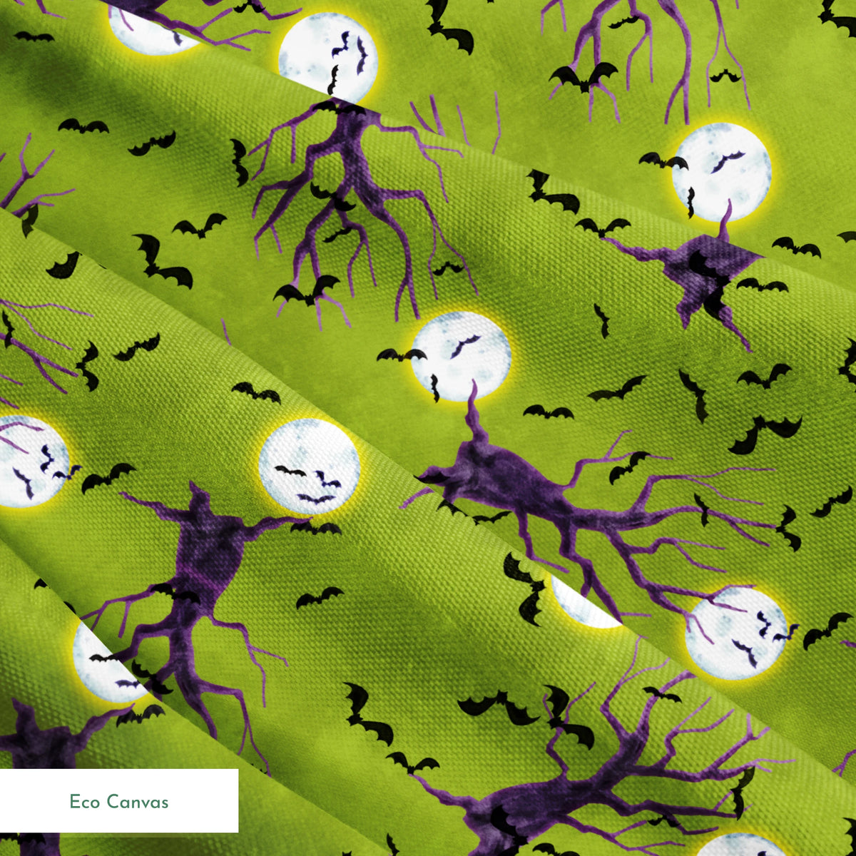 Halloween fabric design with purple haunted trees, bats, and glowing moons on a green background, illustrated by Nicole Tamarin. springs ecocanvas texture