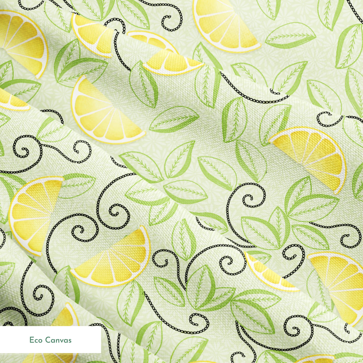 Yellow lemon slices with swirling green leaves on a soft green background in a playful, fresh layout. springs ecocanvas texture