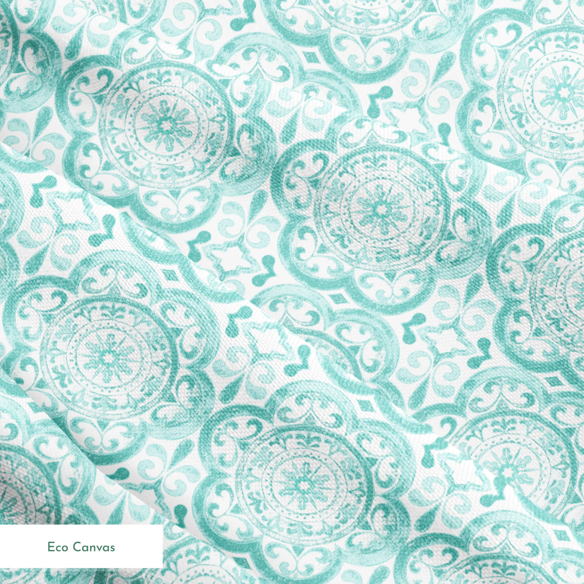 Teal medallion tile-inspired design with intricate floral and scroll details by Nicole Tamarin, from the Squeeze the Day collection. springs ecocanvas texture