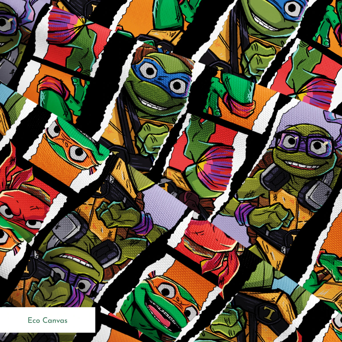 Teenage Mutant Ninja Turtles torn panel design with Leonardo, Donatello, Michelangelo, and Raphael in colorful comic-style art by Nickelodeon. springs ecocanvas texture