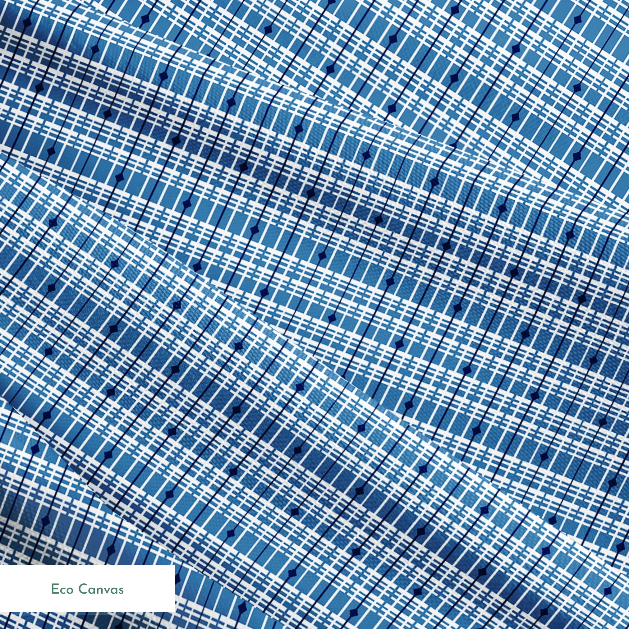 Blue and white plaid pattern with thin grid lines in various shades of blue on light background springs ecocanvas texture
