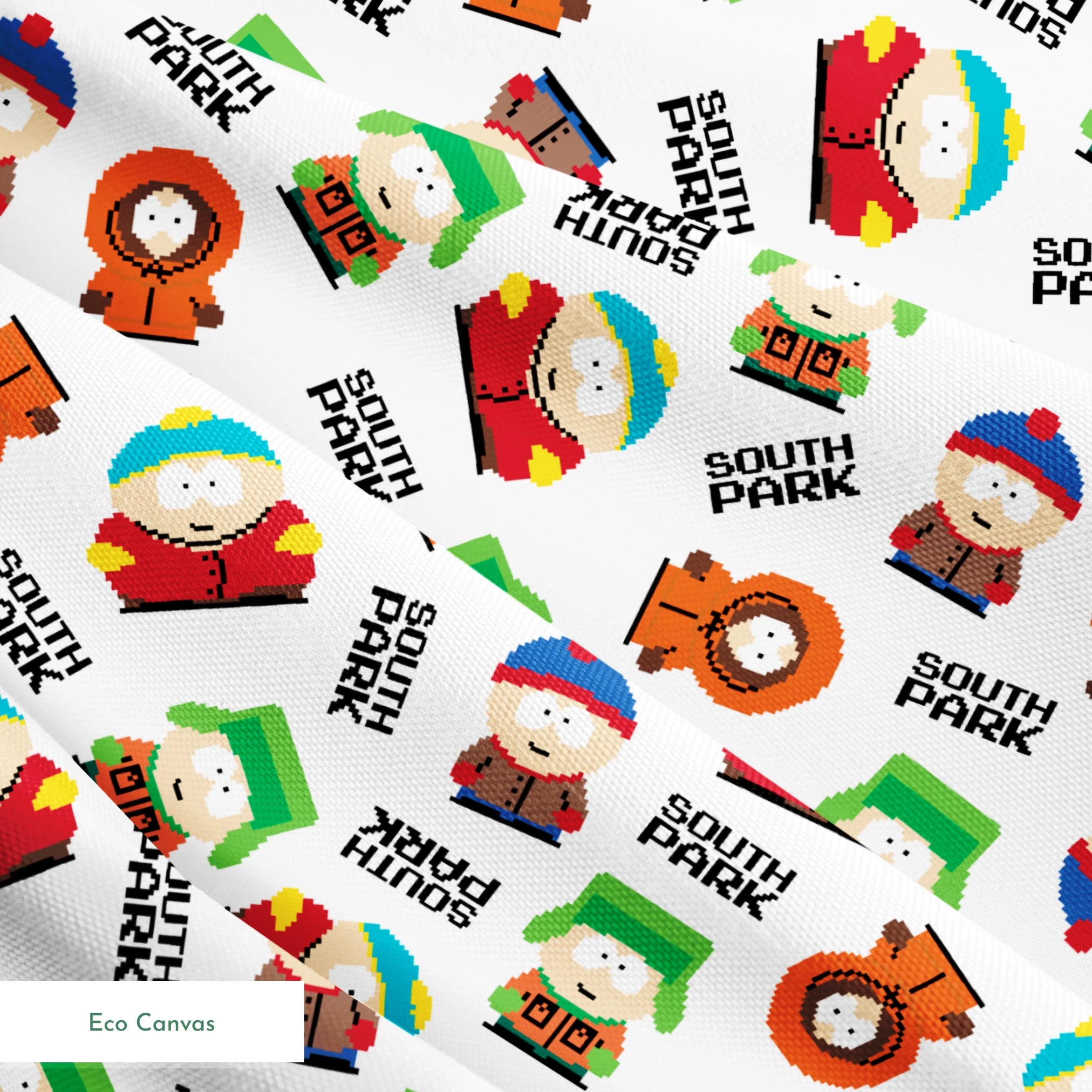 Pixel art versions of Stan, Kyle, Cartman, and Kenny with the South Park logo in black, tossed on a white background in various rotations. springs ecocanvas texture