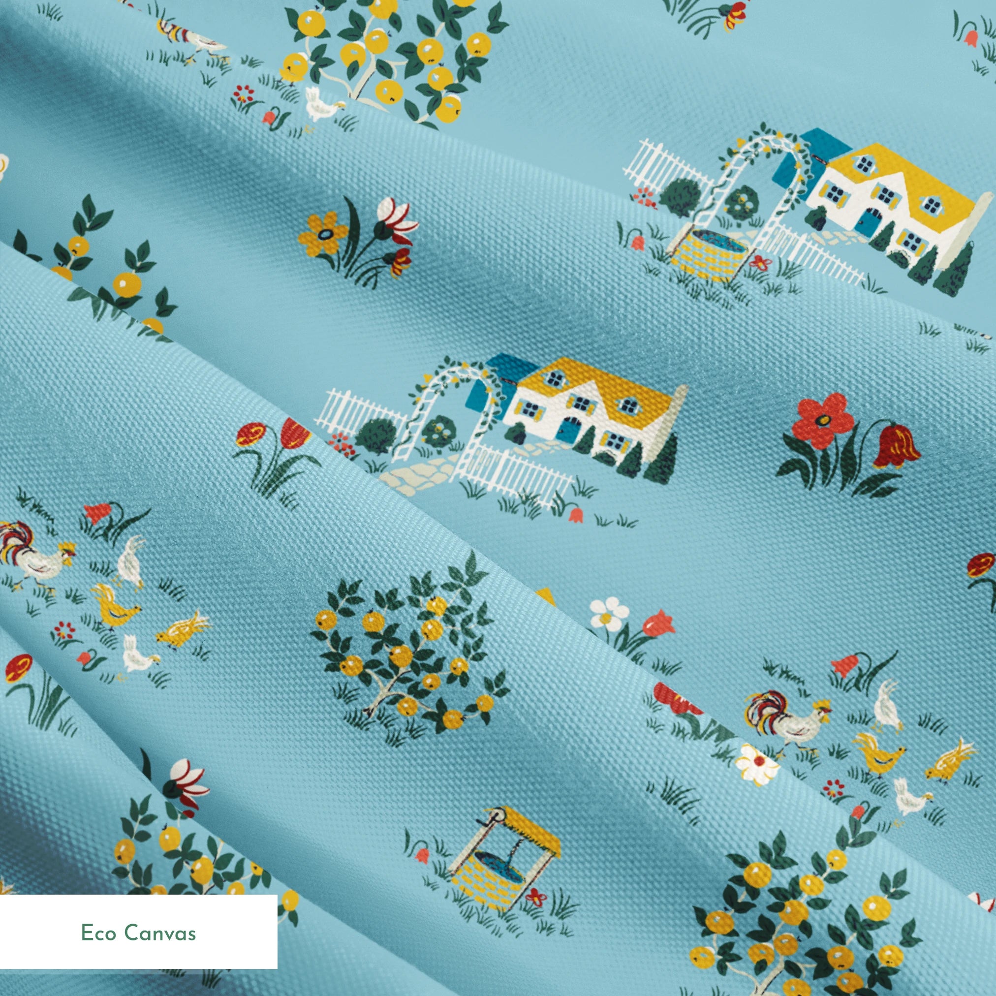 Blue-gray background with repeating folk art pattern of small cottages, white geese, floral clusters, and colorful tulips in yellow and red. springs ecocanvas texture