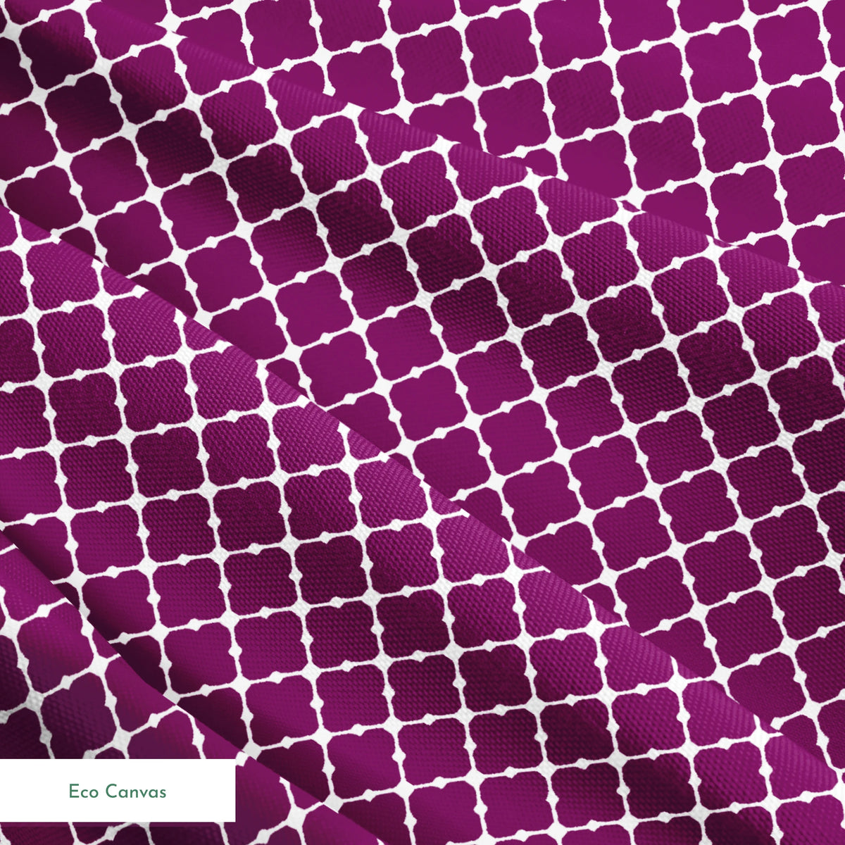 Plum quatrefoil pattern with white lattice outline on deep plum background springs ecocanvas texture