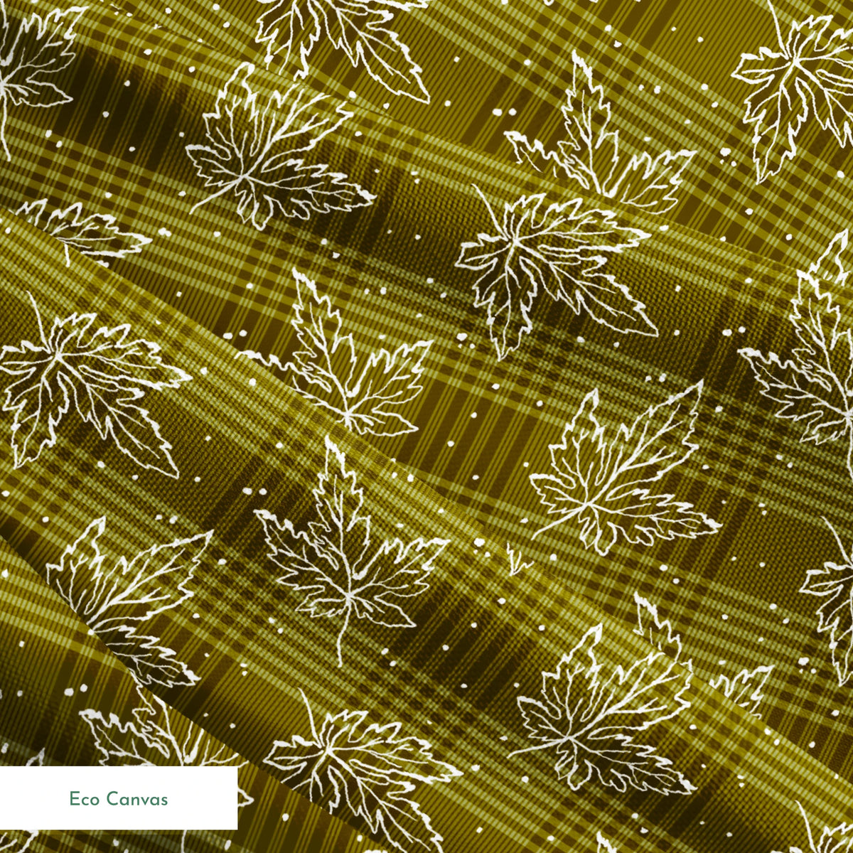 Olive green plaid pattern with scattered white outline maple leaves and small dots springs ecocanvas texture