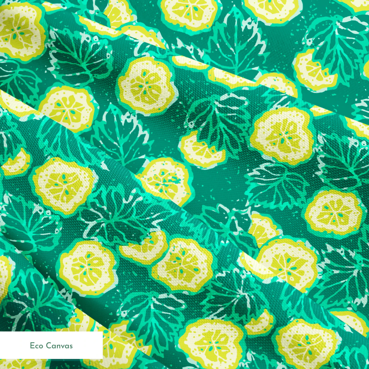 Vibrant green background with yellow cucumber slices and light green leafy patterns springs ecocanvas texture