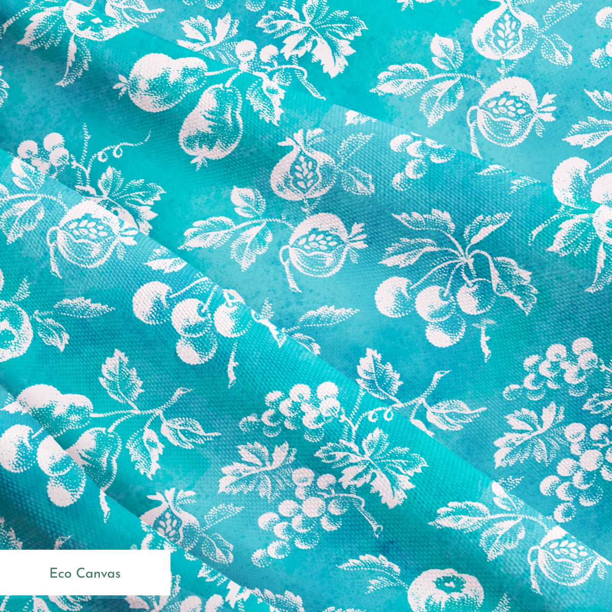 Teal background with white vintage fruit pattern featuring cherries, grapes, and pears springs ecocanvas texture