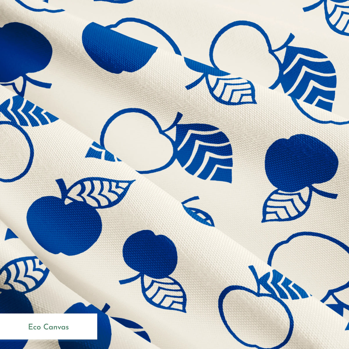Blue apple illustrations and leaf outlines arranged in a scattered pattern on cream background. springs ecocanvas texture