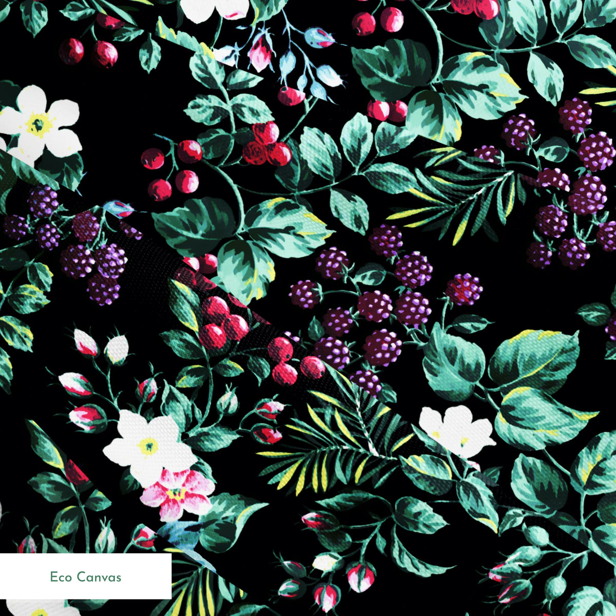 Colorful botanical pattern with white flowers, red cherries, purple blackberries, and green leaves on black background springs ecocanvas texture