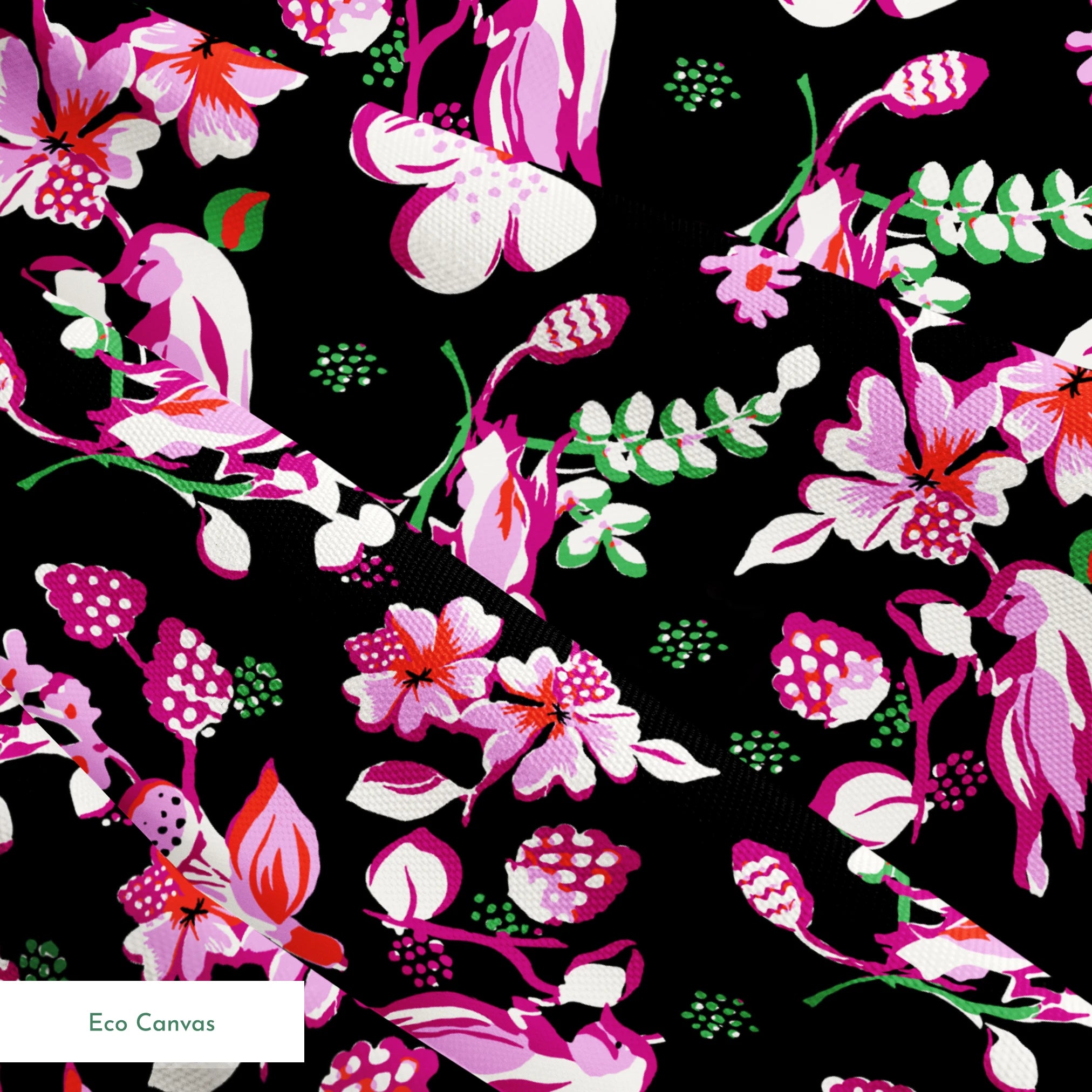 Vibrant pink birds and flowers pattern on black background with strawberry accents springs ecocanvas texture