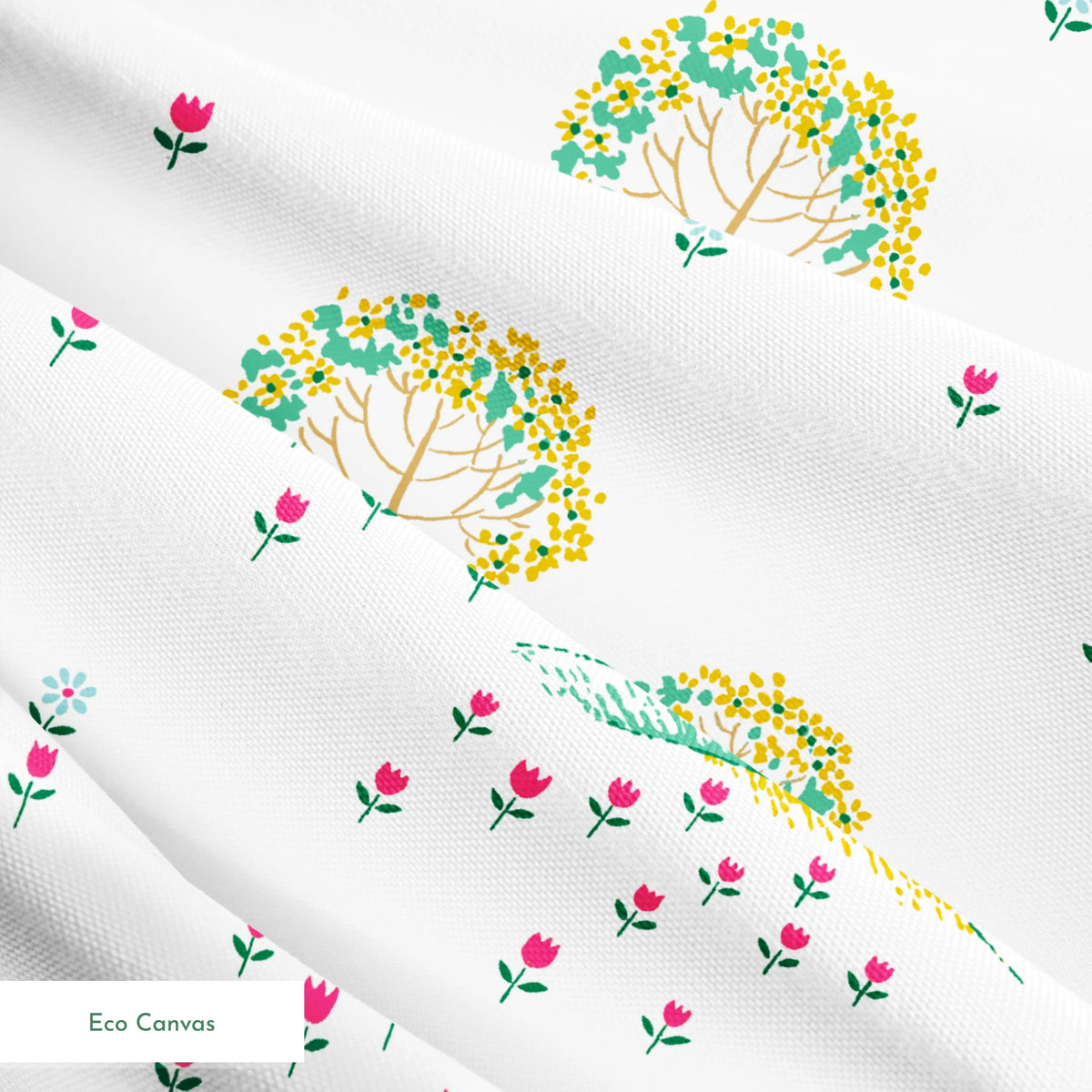 Whimsical pattern of colorful trees on small hills with scattered tiny flowers on a white background springs ecocanvas texture