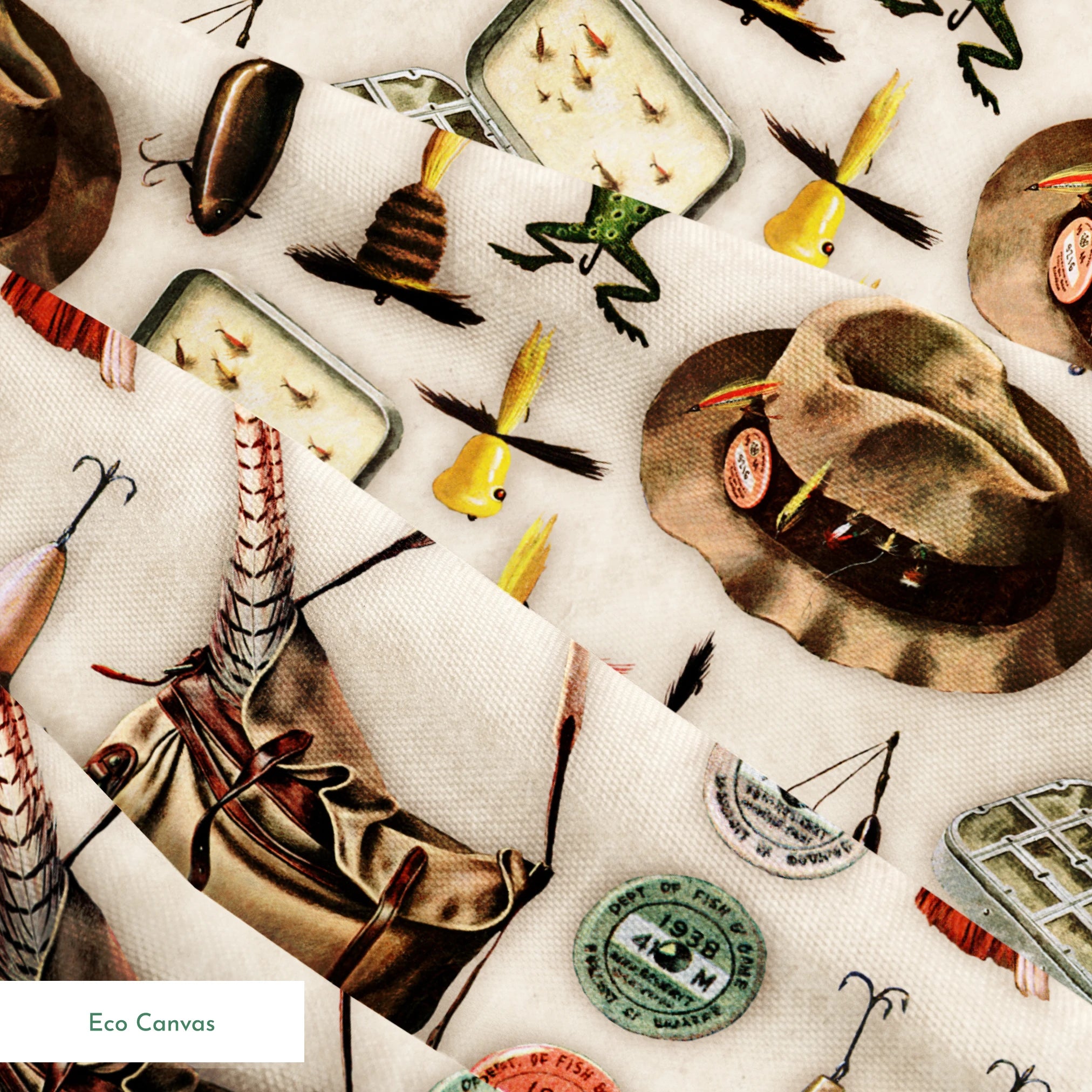fabric with fishing lures Saturday Evening Post - Vintage Tackle and Gear Let us help you Size:3oz Chrome Dressed with 