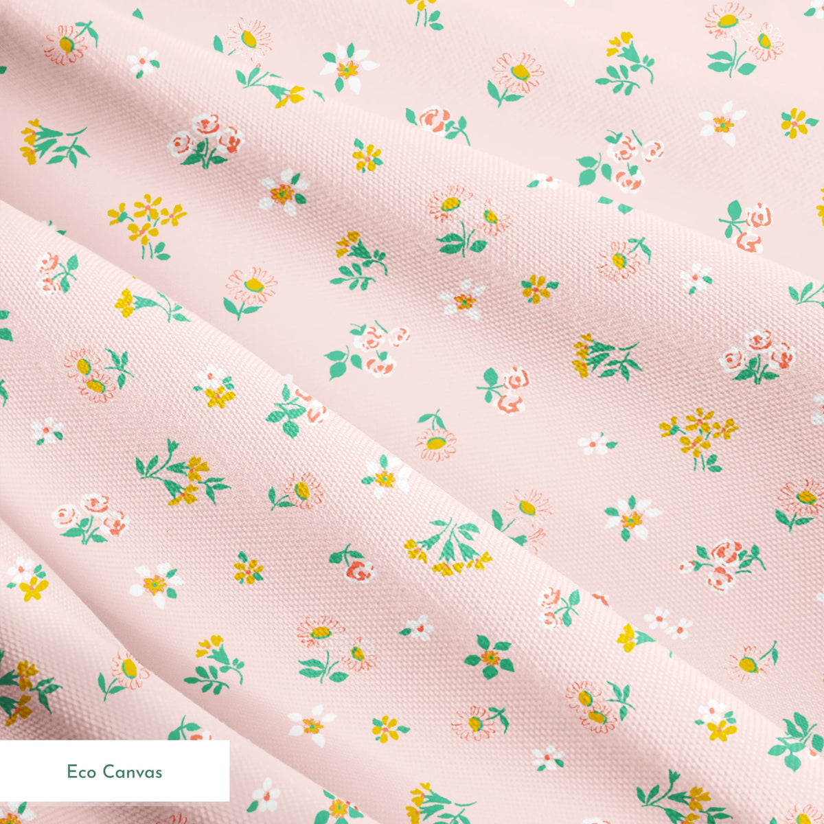 Small floral pattern on pink background with white daisies and yellow, blue, and pink flowers springs ecocanvas texture