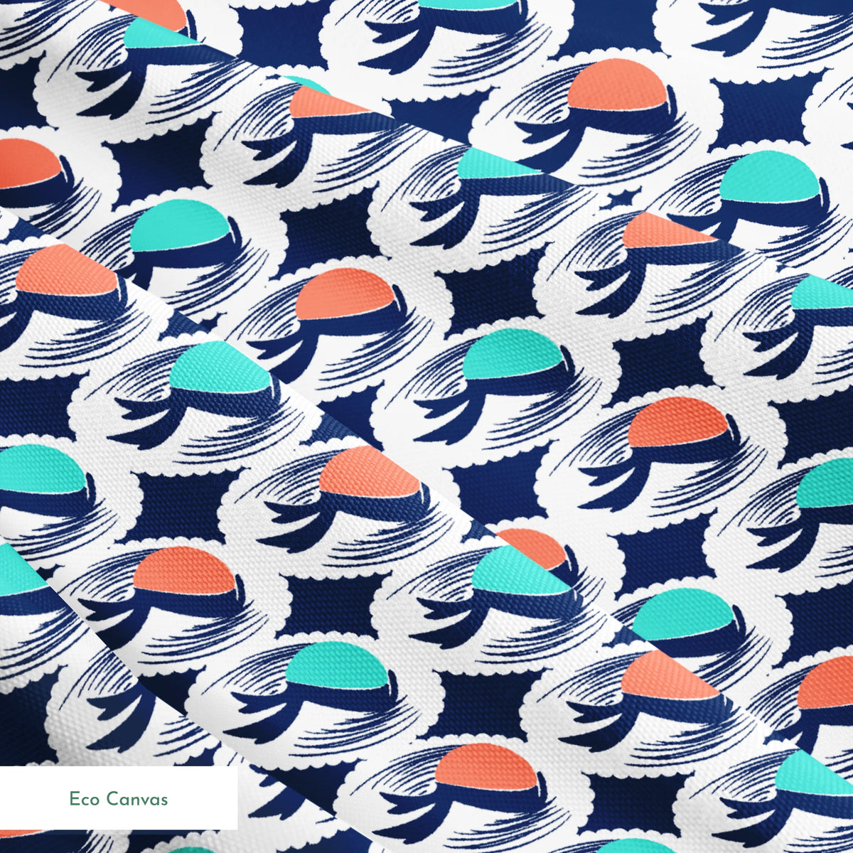 Abstract pattern with repeating mint green and coral circular shapes on navy background with white brushstroke details springs ecocanvas texture