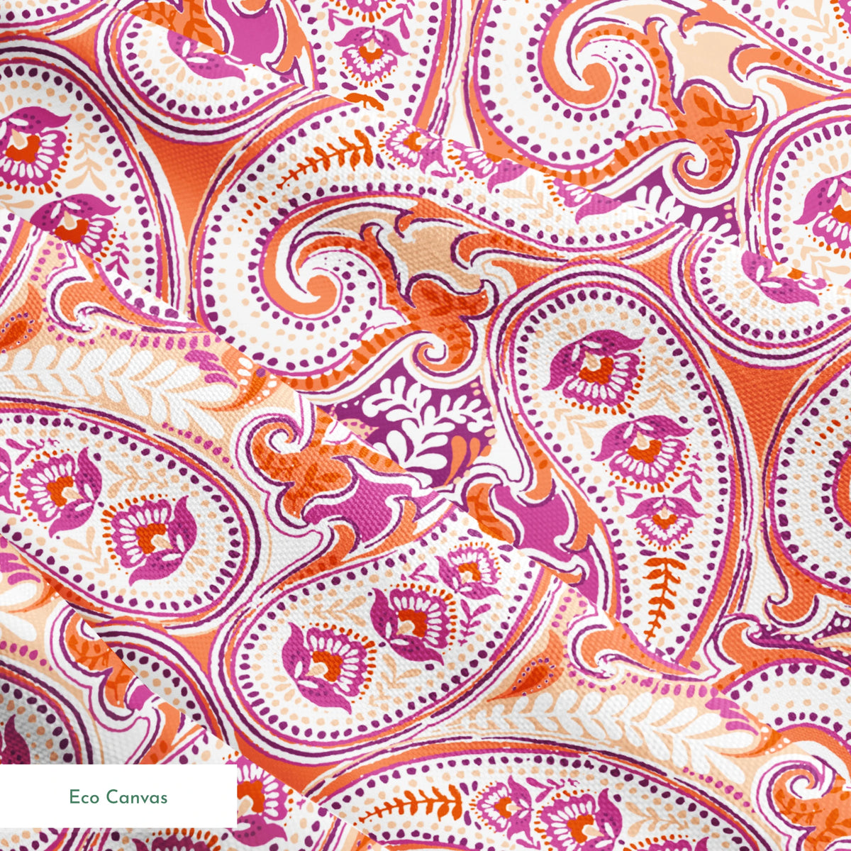 Vibrant paisley pattern in orange, pink and purple with swirling teardrop motifs and ornate details springs ecocanvas texture