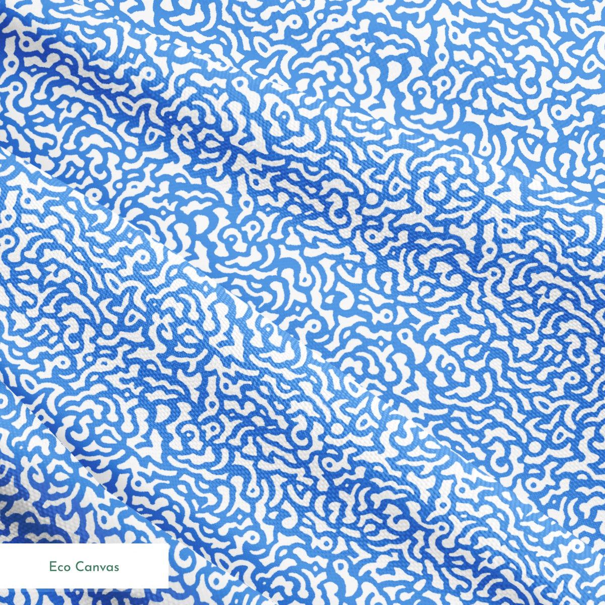 Blue and white abstract pattern with wavy, maze-like lines creating a flowing organic texture springs ecocanvas texture