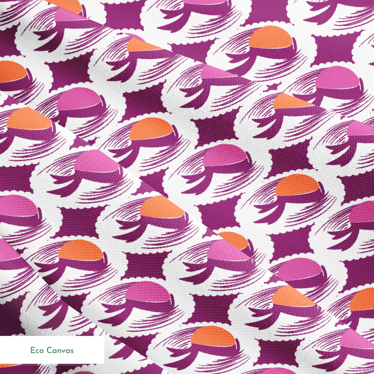 Abstract pattern with purple and orange oval shapes with flowing brush strokes on white background springs ecocanvas texture