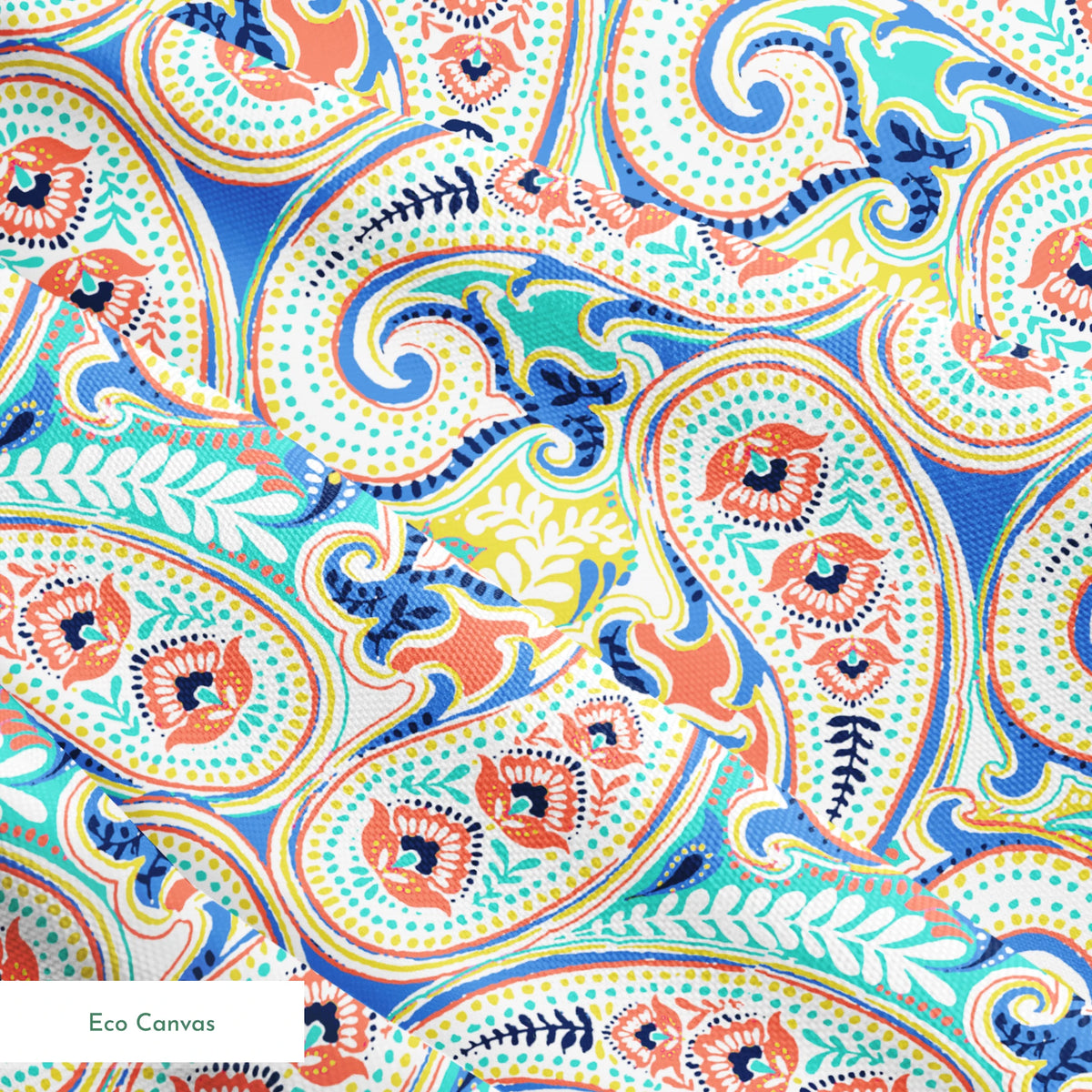 Vibrant blue, yellow and red paisley pattern with swirling decorative motifs and curved shapes springs ecocanvas texture