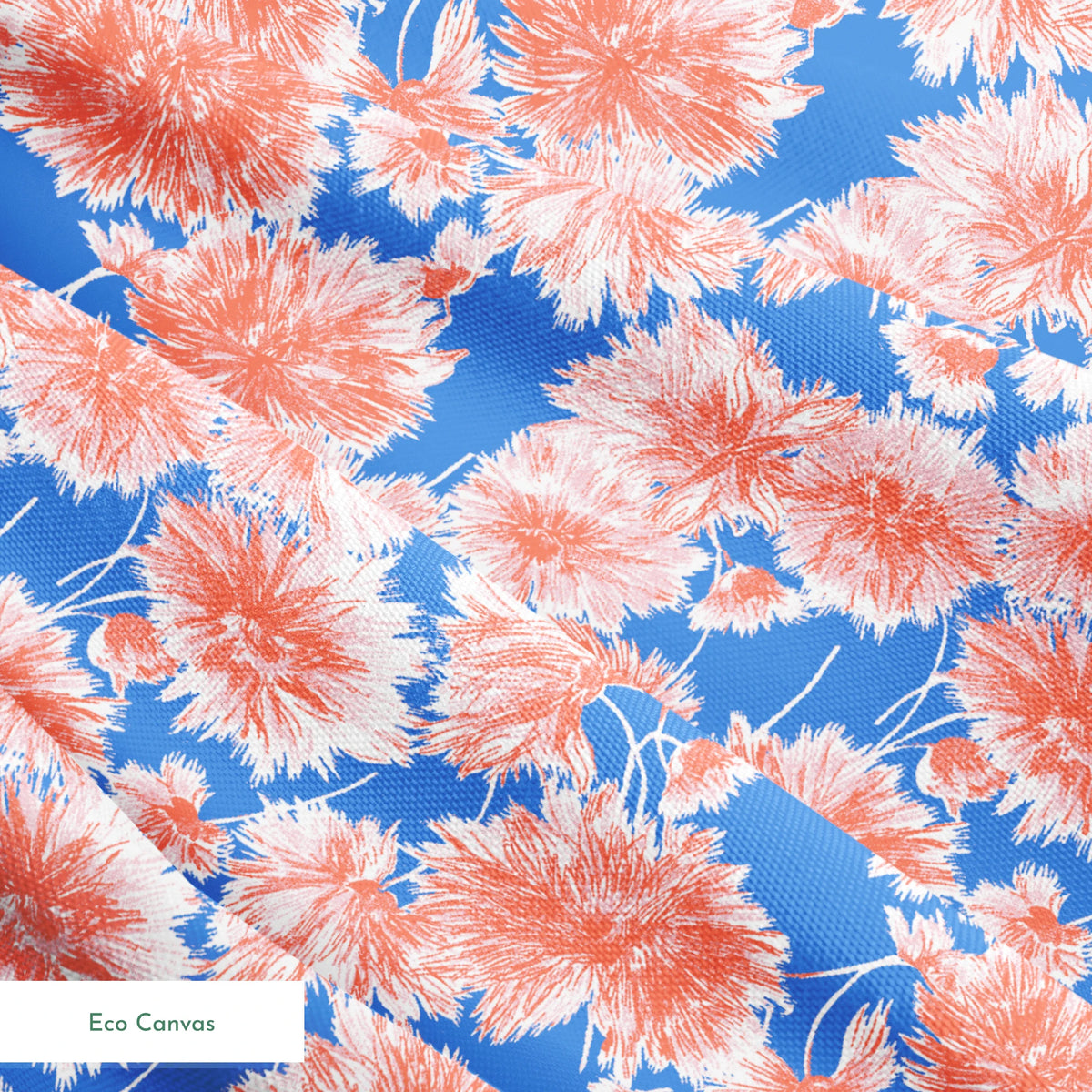 Coral pink floral pattern of chrysanthemums or dahlias on bright blue background springs ecocanvas texture