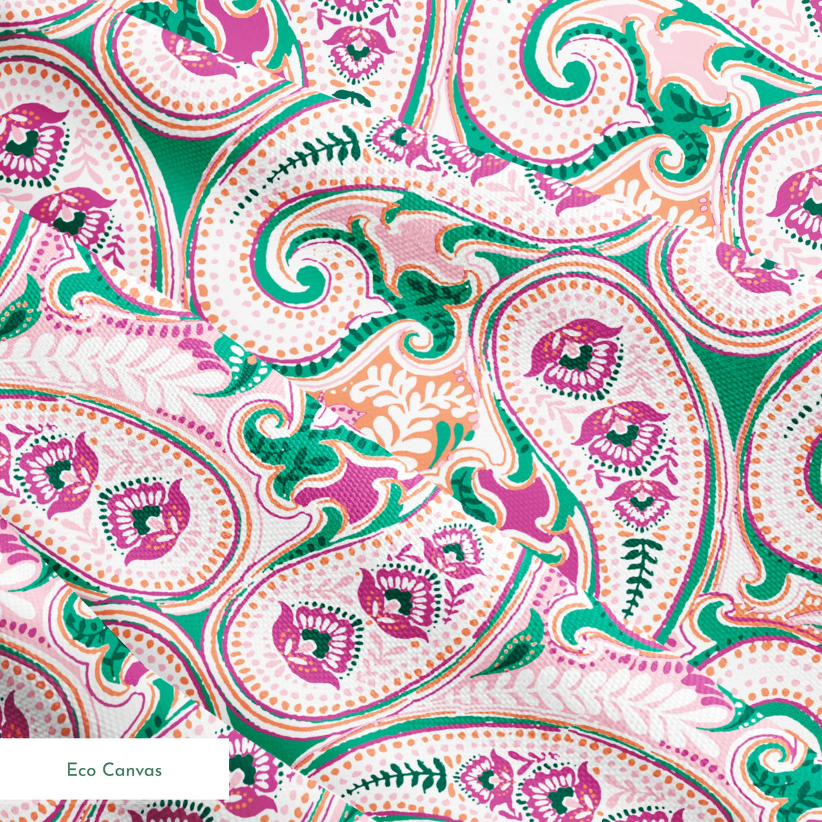 Colorful paisley pattern with swirling teardrop shapes in pink, green, and orange on light background springs ecocanvas texture