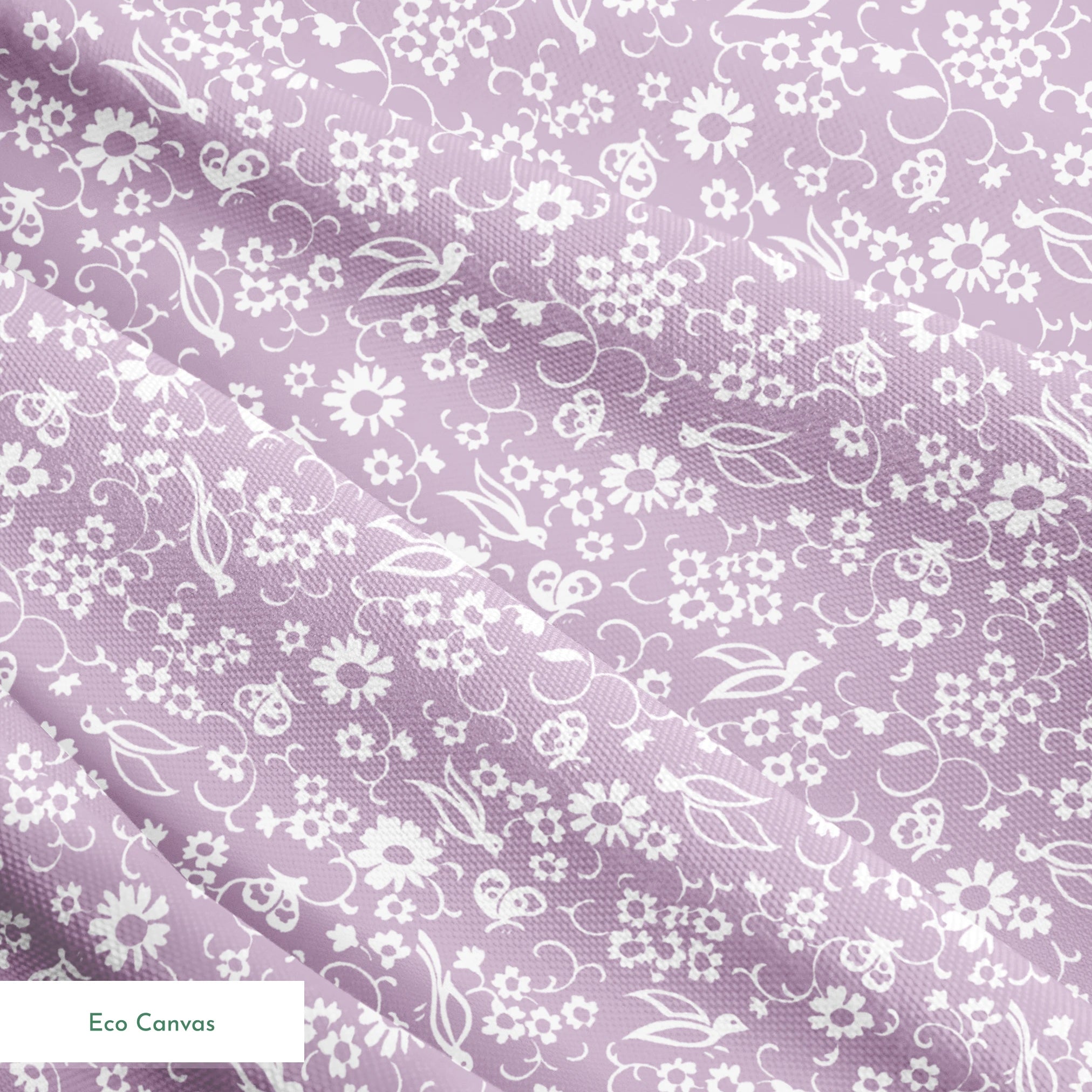 White floral pattern on lavender purple background with daisies and decorative swirls springs ecocanvas texture