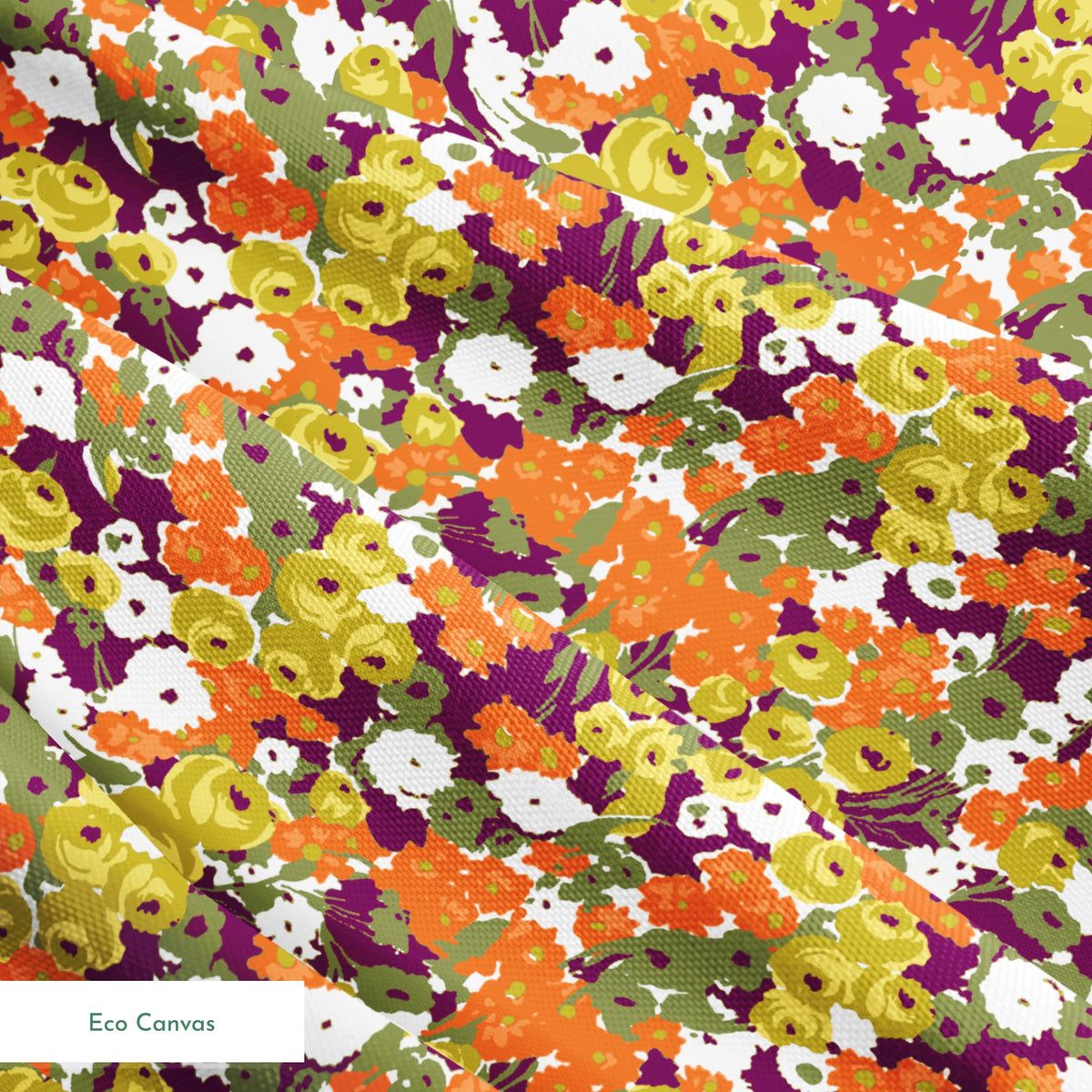 Vibrant floral pattern with white, orange, yellow, green, and purple abstract blooms springs ecocanvas texture