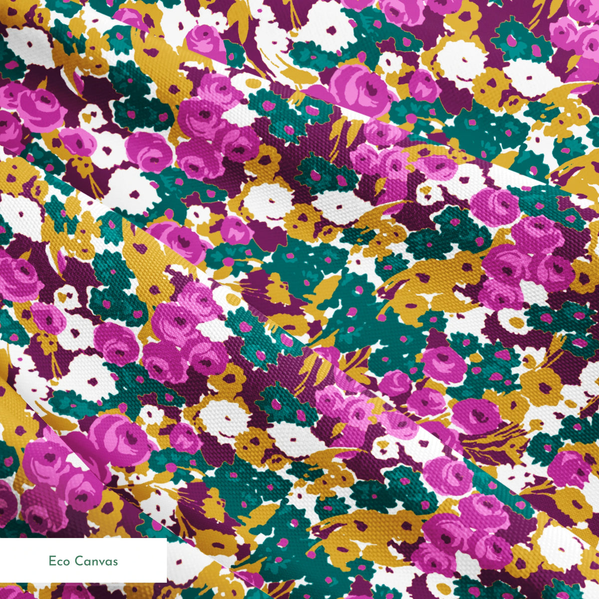 Vibrant floral pattern with purple, white, and gold flowers on teal background springs ecocanvas texture