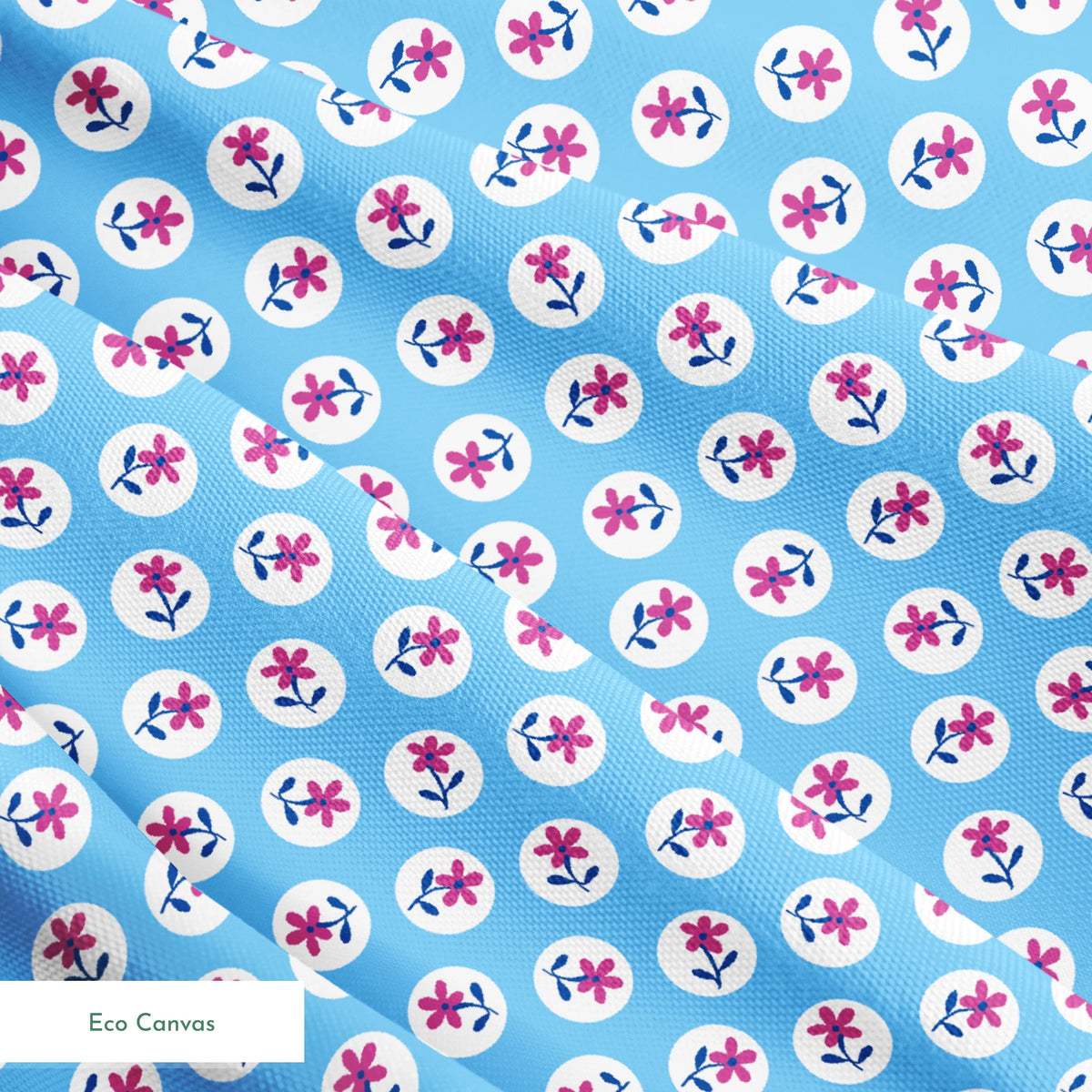 Purple flowers with blue stems inside white circles on light blue background pattern springs ecocanvas texture