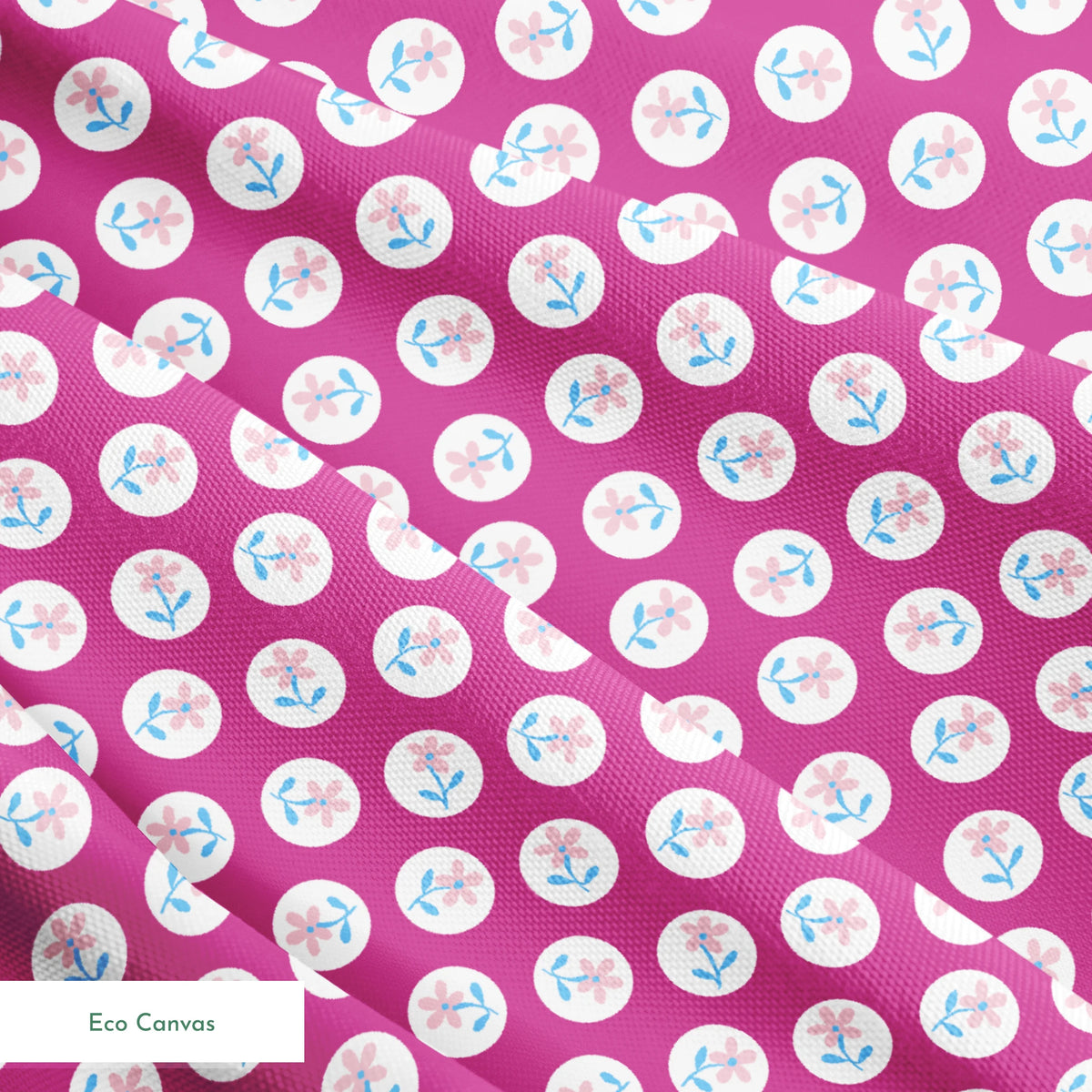 White circular dots with pink flowers and blue leaves pattern on vibrant magenta background springs ecocanvas texture