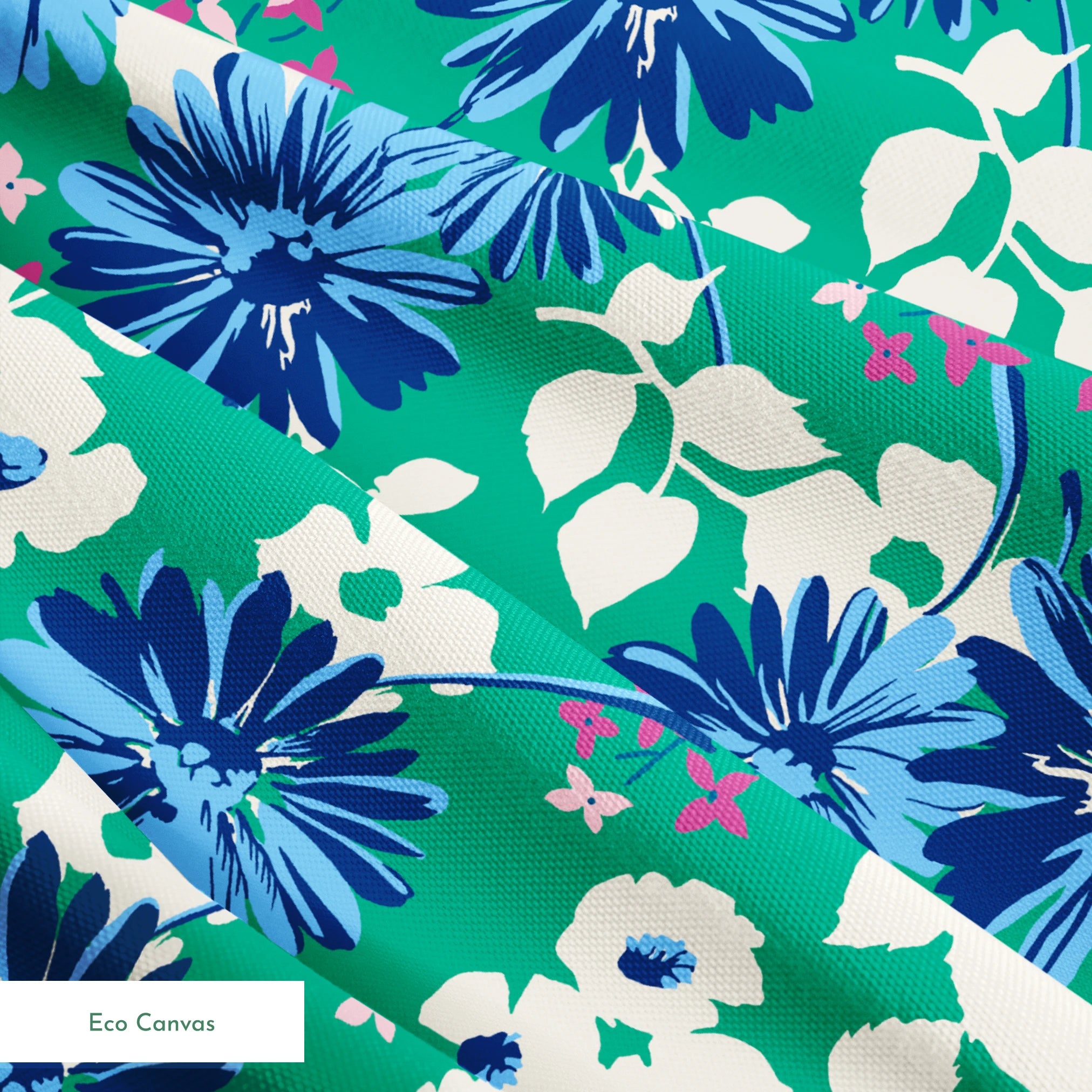 Vibrant floral pattern with blue spiky flowers and white blooms on a green background springs ecocanvas texture