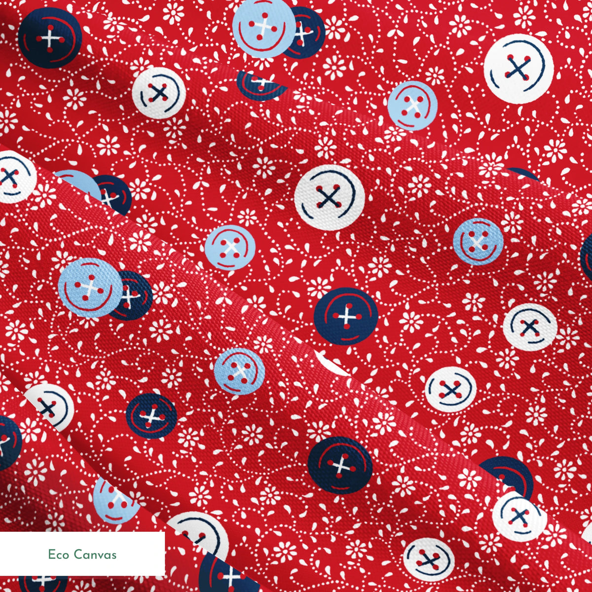 Red background with small white floral pattern featuring scattered button designs in blue, white, and navy cross details springs ecocanvas texture