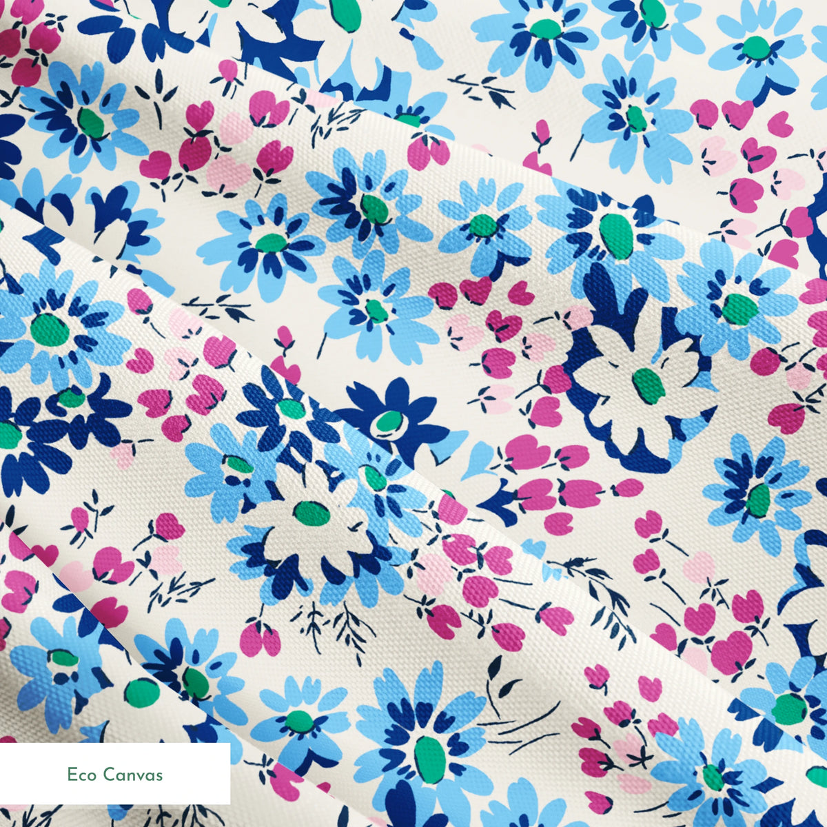 Floral pattern with blue, navy, and white daisies alongside small magenta berries on cream background springs ecocanvas texture