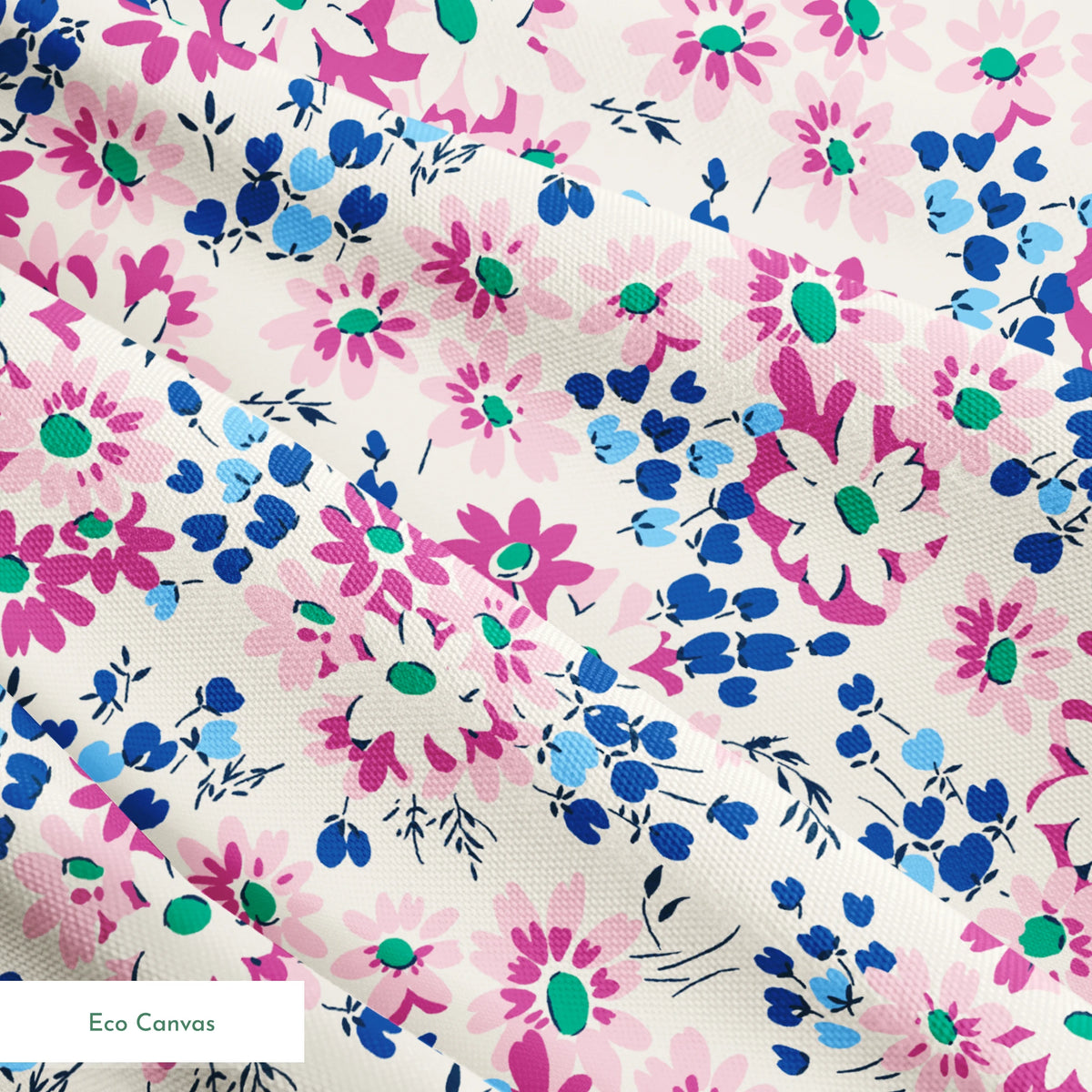 Colorful floral pattern with pink and magenta daisies, blue berries, and green accents on cream background springs ecocanvas texture