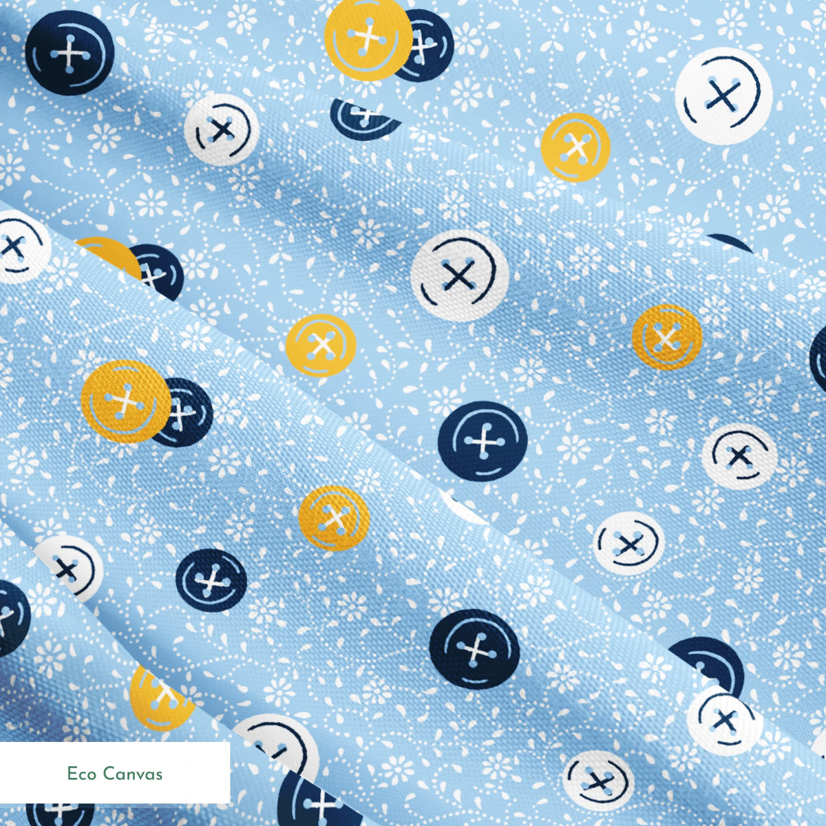 Blue background with scattered circular buttons in white, navy, and gold, each featuring cross designs, on a floral pattern. springs ecocanvas texture