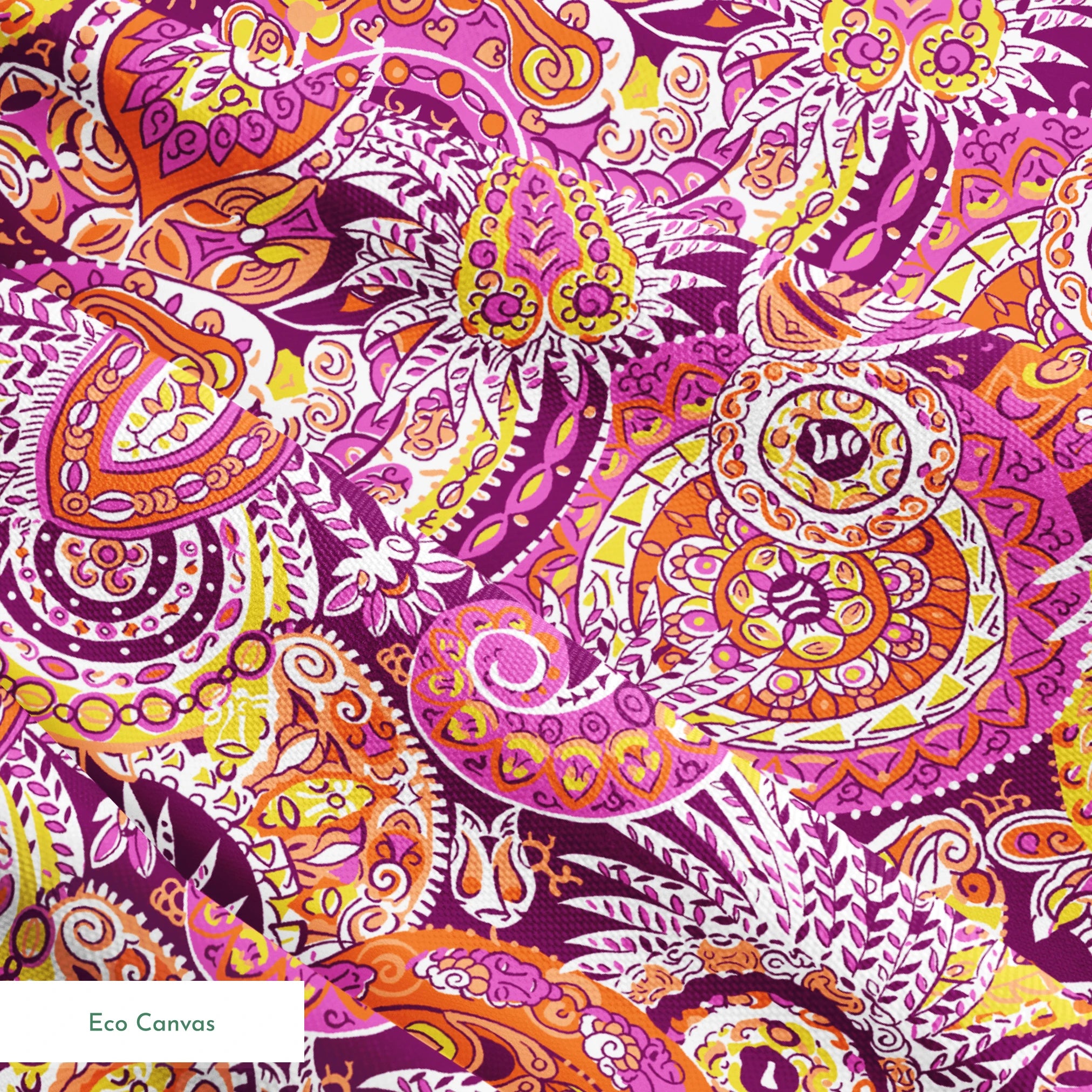 Vibrant paisley pattern with swirling shapes in purple, orange, pink, and yellow tones springs ecocanvas texture