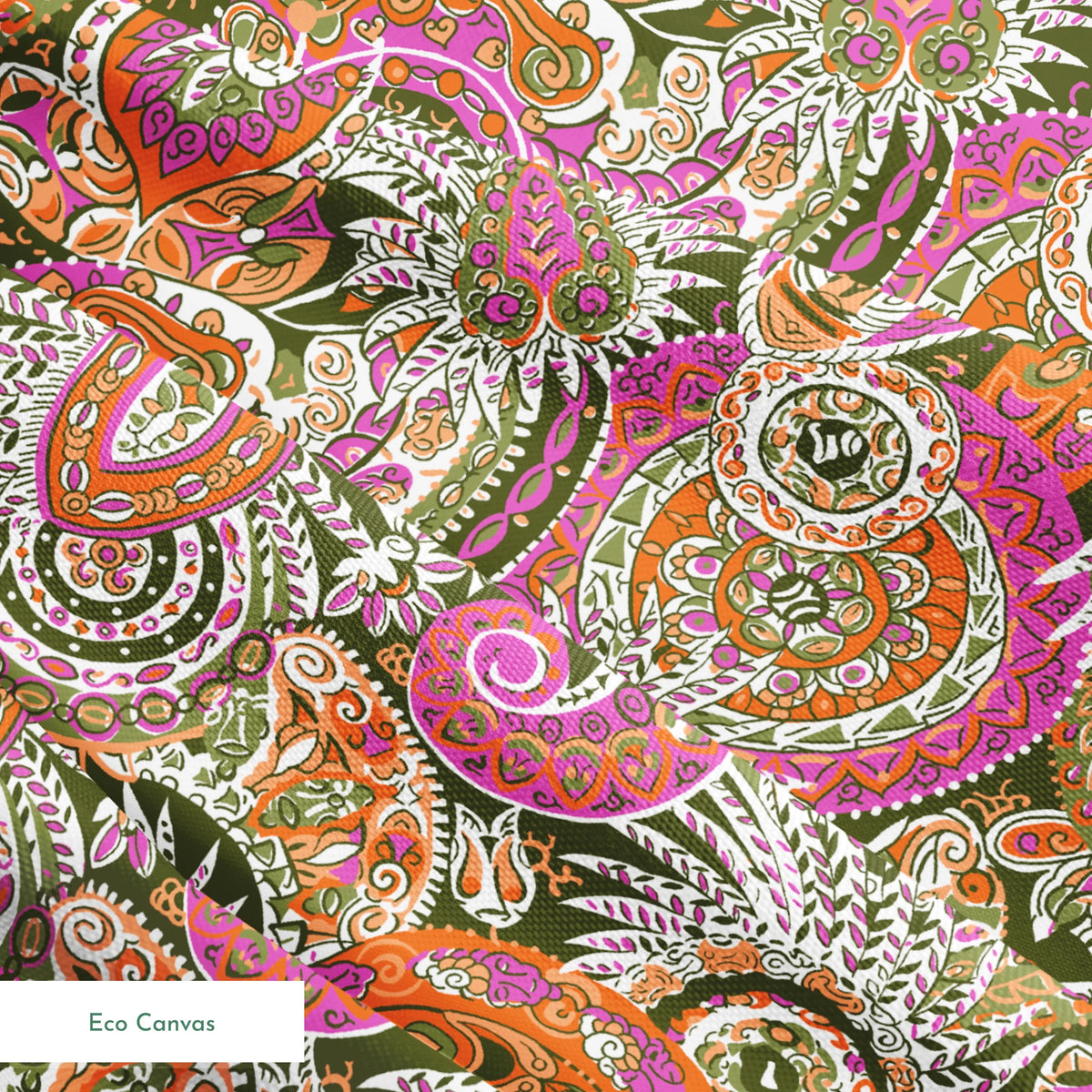 Vibrant paisley pattern with swirling designs in pink, orange, yellow and white on textured background springs ecocanvas texture