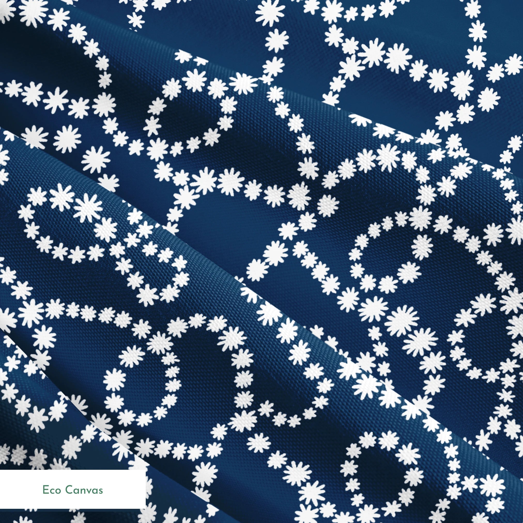 Navy blue background with swirling white dotted patterns creating circular and flowing designs springs ecocanvas texture