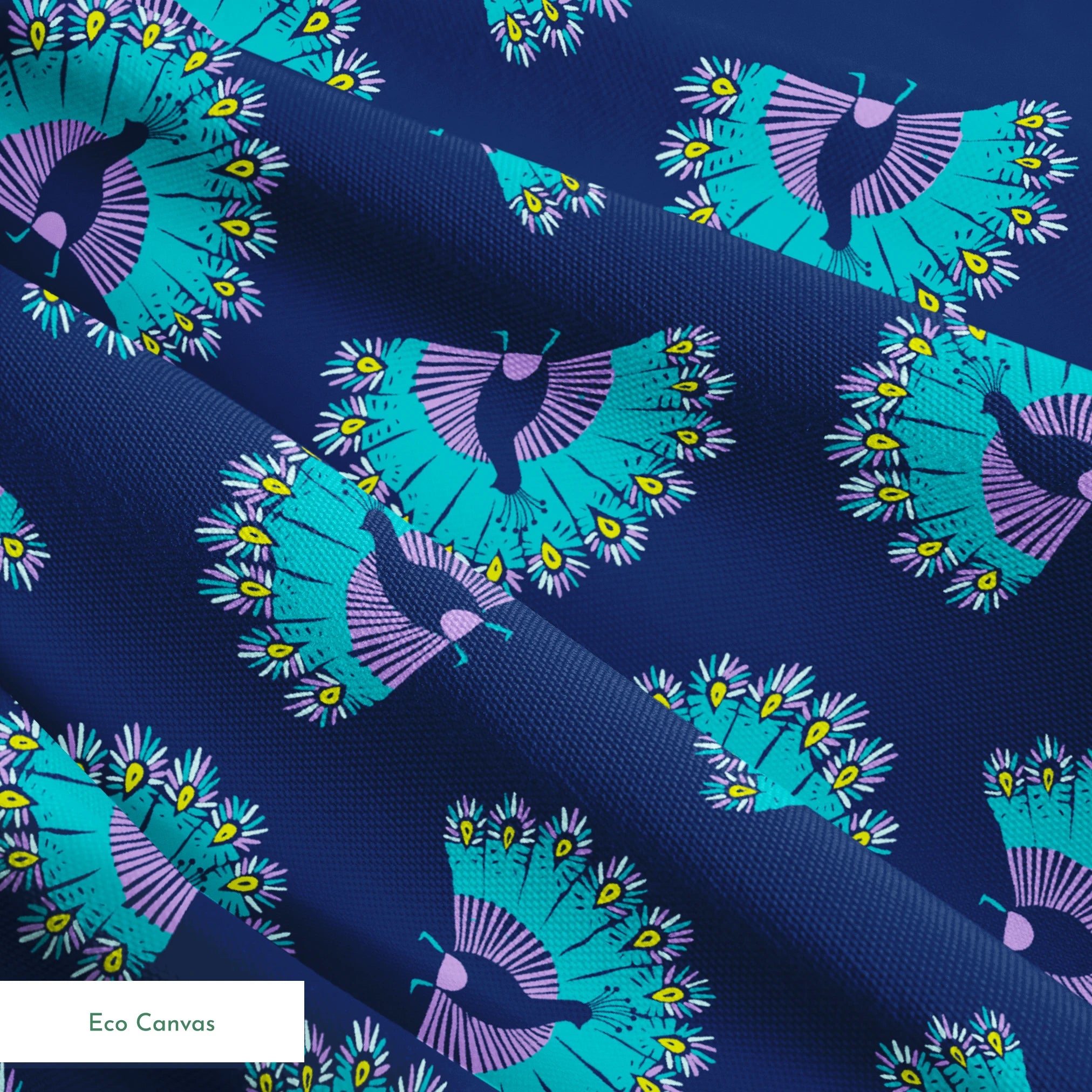 Vibrant peacock-inspired pattern with teal and purple fan shapes on blue background springs ecocanvas texture
