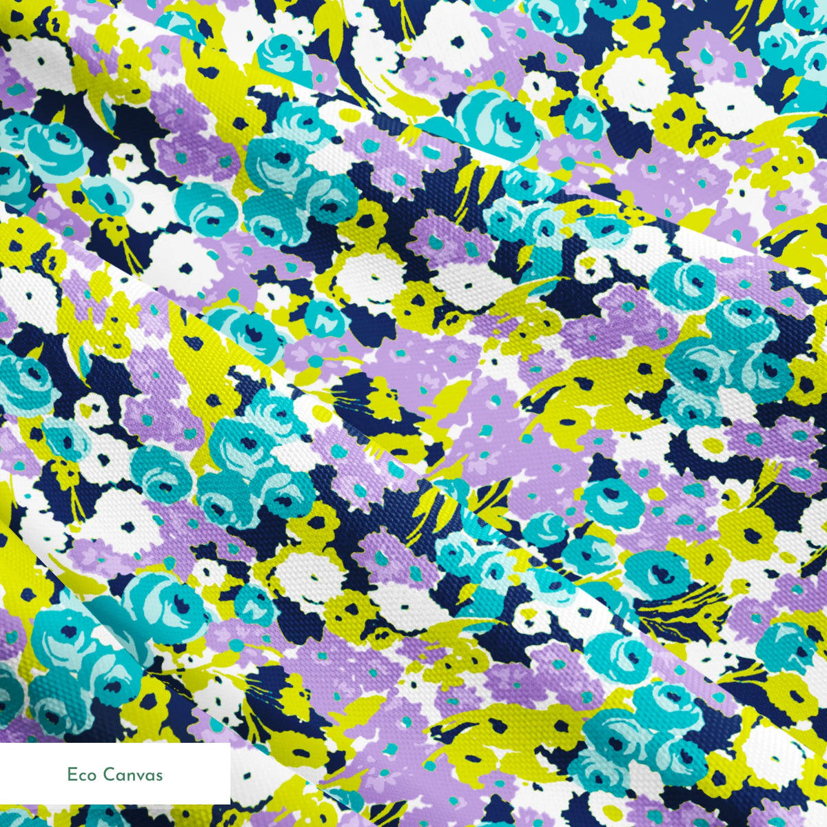 Vibrant floral pattern with turquoise, purple, white, and chartreuse blooms on dark background springs ecocanvas texture