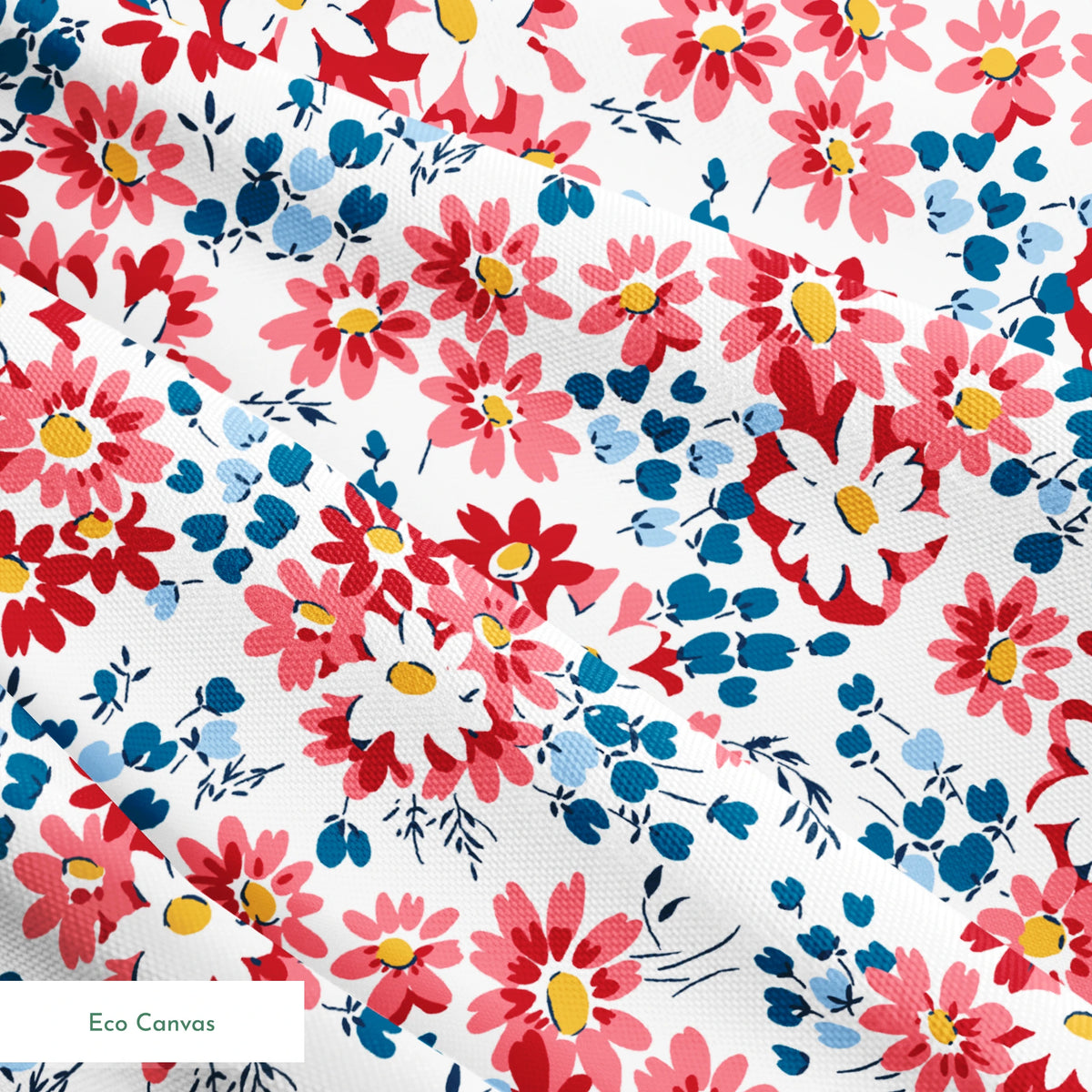 Colorful floral pattern with coral, red, and white daisies with yellow centers and teal leaves springs ecocanvas texture