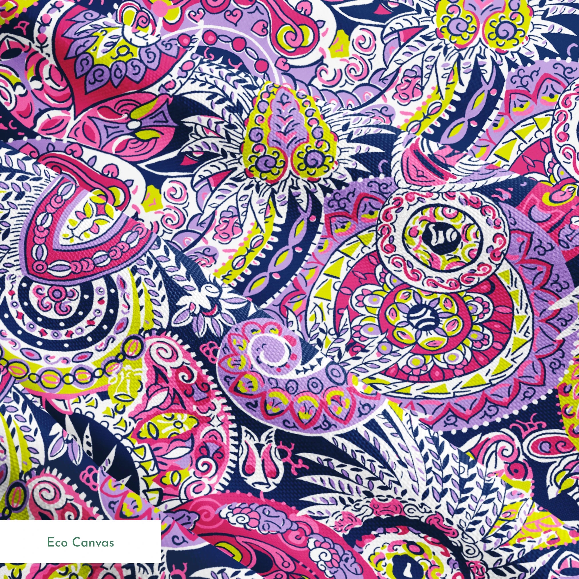 Vibrant paisley pattern in pink, purple, yellow, and blue with intricate swirling designs springs ecocanvas texture