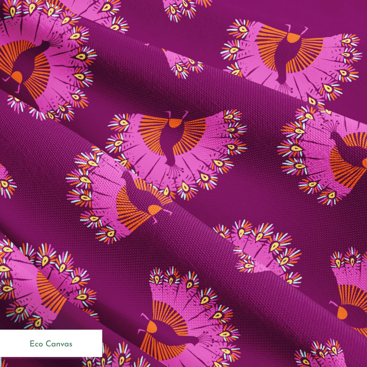 Decorative pattern with peacocks arranged in circular formations against a deep purple background springs ecocanvas texture