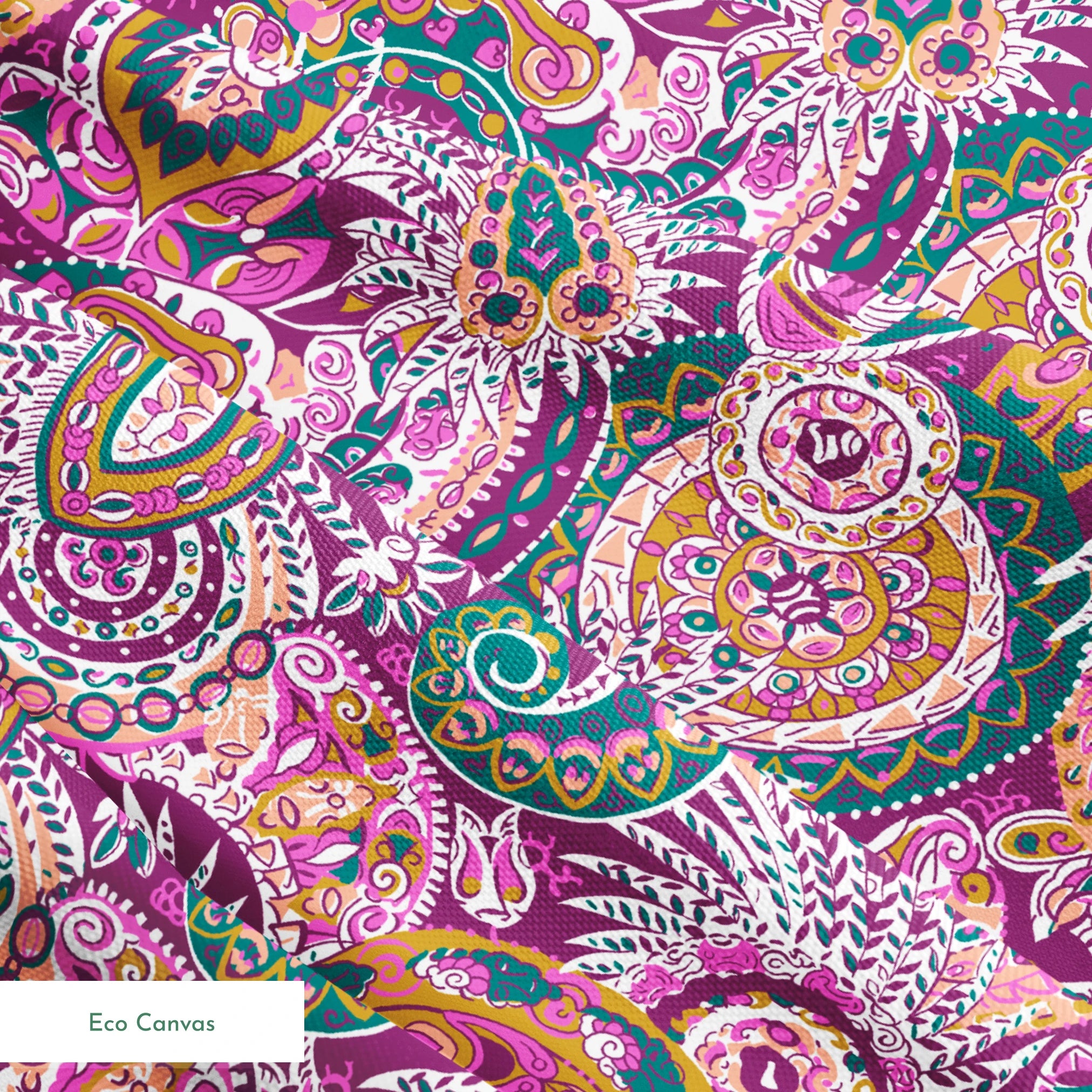 Colorful paisley pattern with intricate swirls in purple, pink, orange, and teal tones springs ecocanvas texture