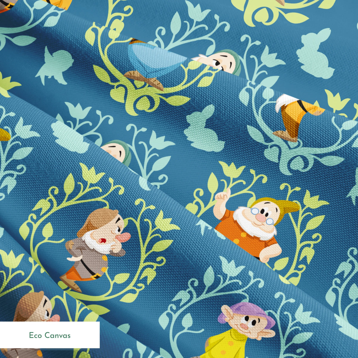 Pattern of cartoon birds in decorative oval frames on blue background with leaf motifs springs ecocanvas texture