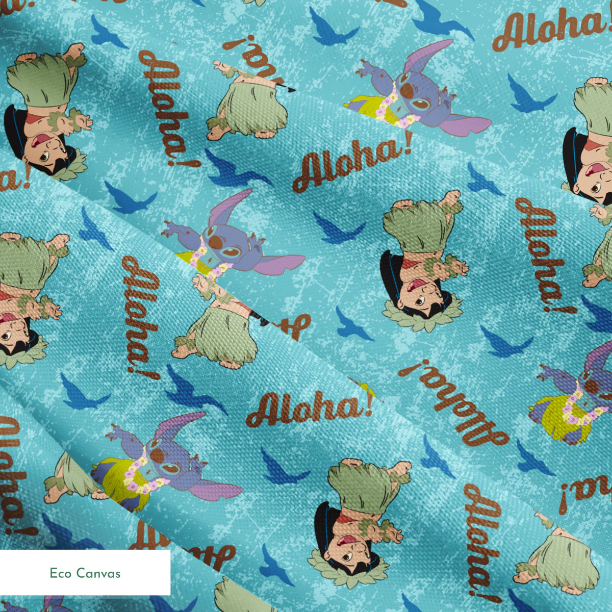 Lilo and Stitch pattern on turquoise background with "Aloha!" text and blue silhouettes springs ecocanvas texture