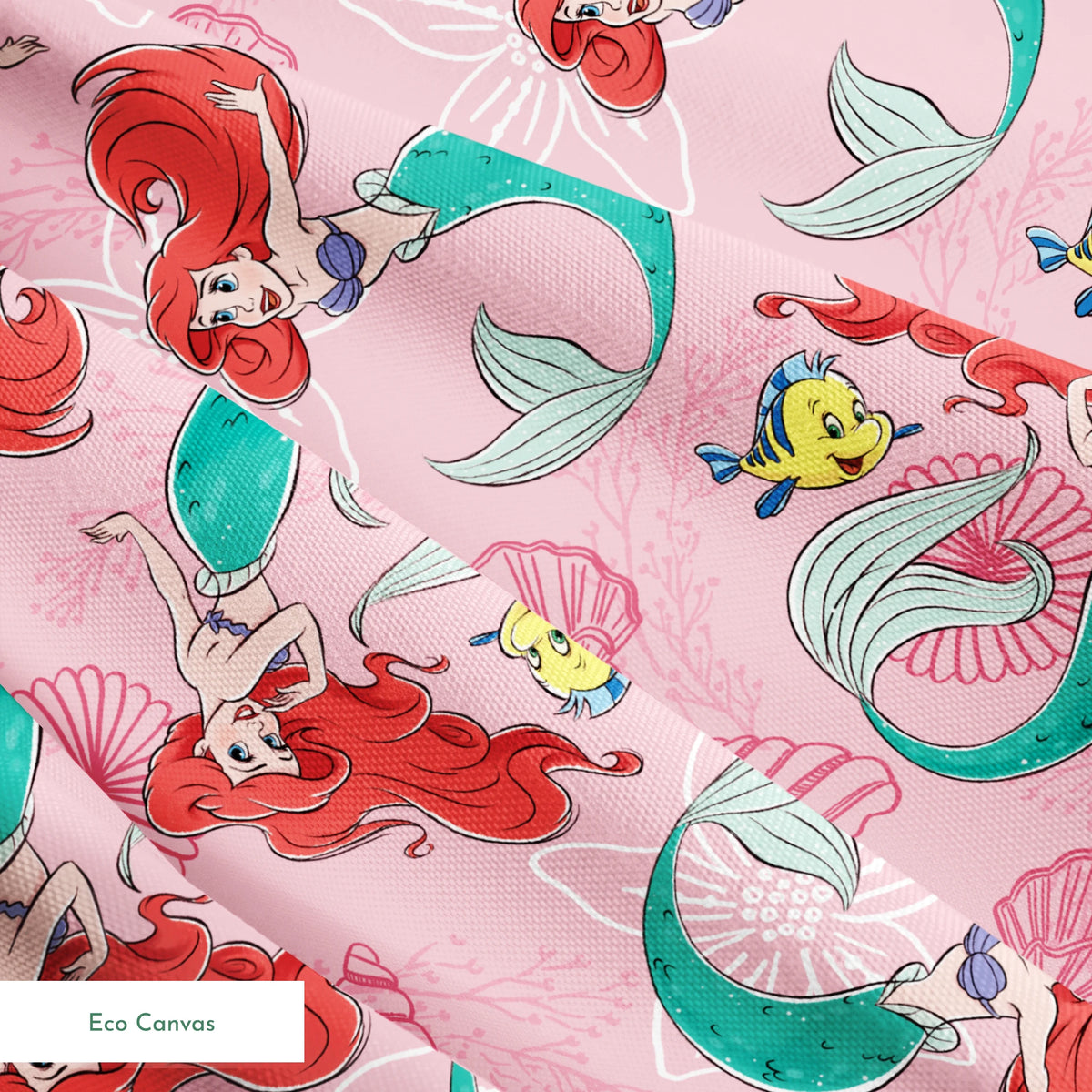 Illustrated pattern of mermaids with red hair and green tails swimming with yellow fish on pink seashell background springs ecocanvas texture