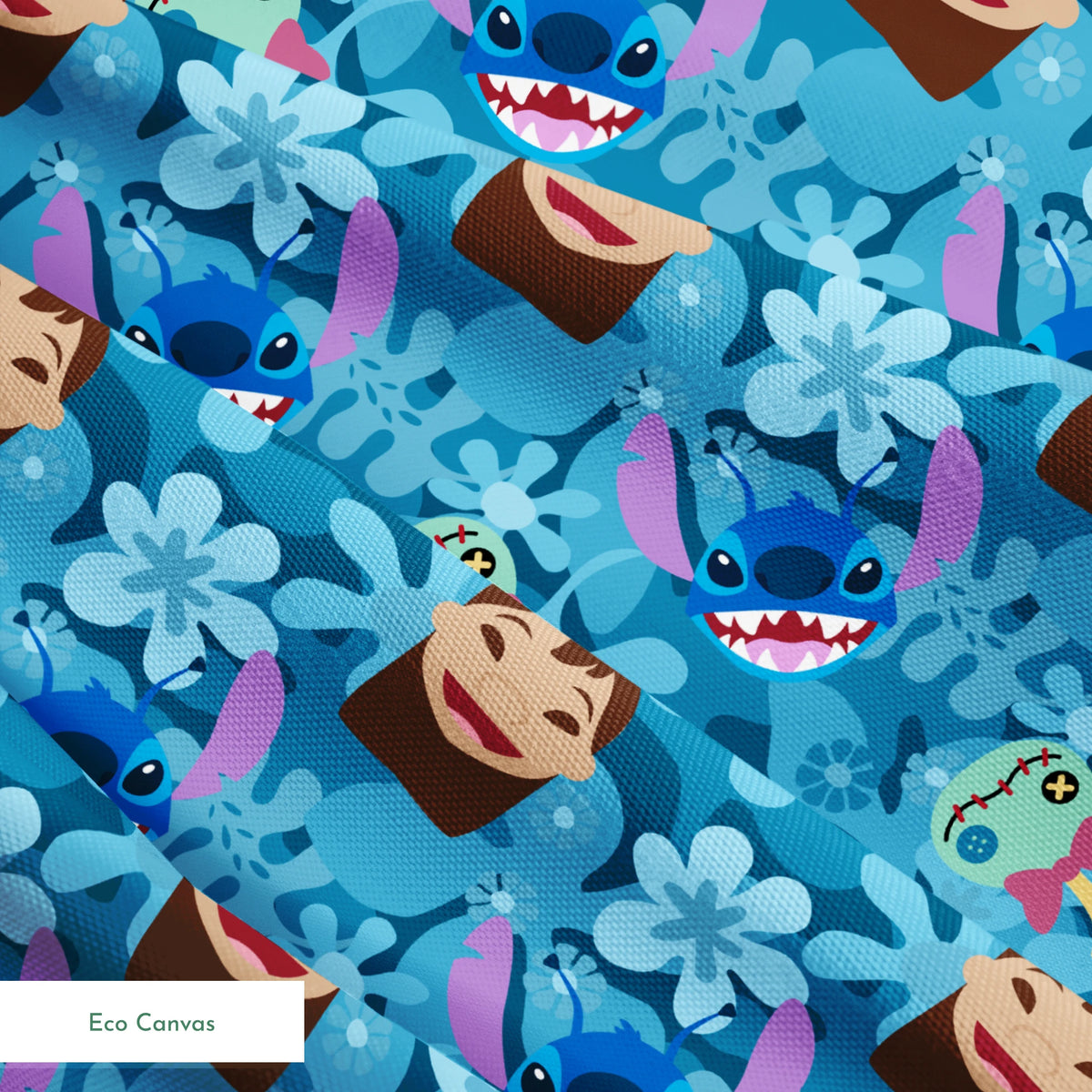 Disney's Stitch among floral elements and smiling faces on turquoise background springs ecocanvas texture